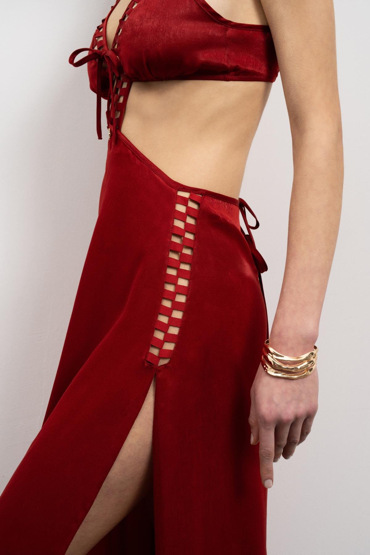 Tearer Grogren Detailed Satin Bordeaux Long Nightgown