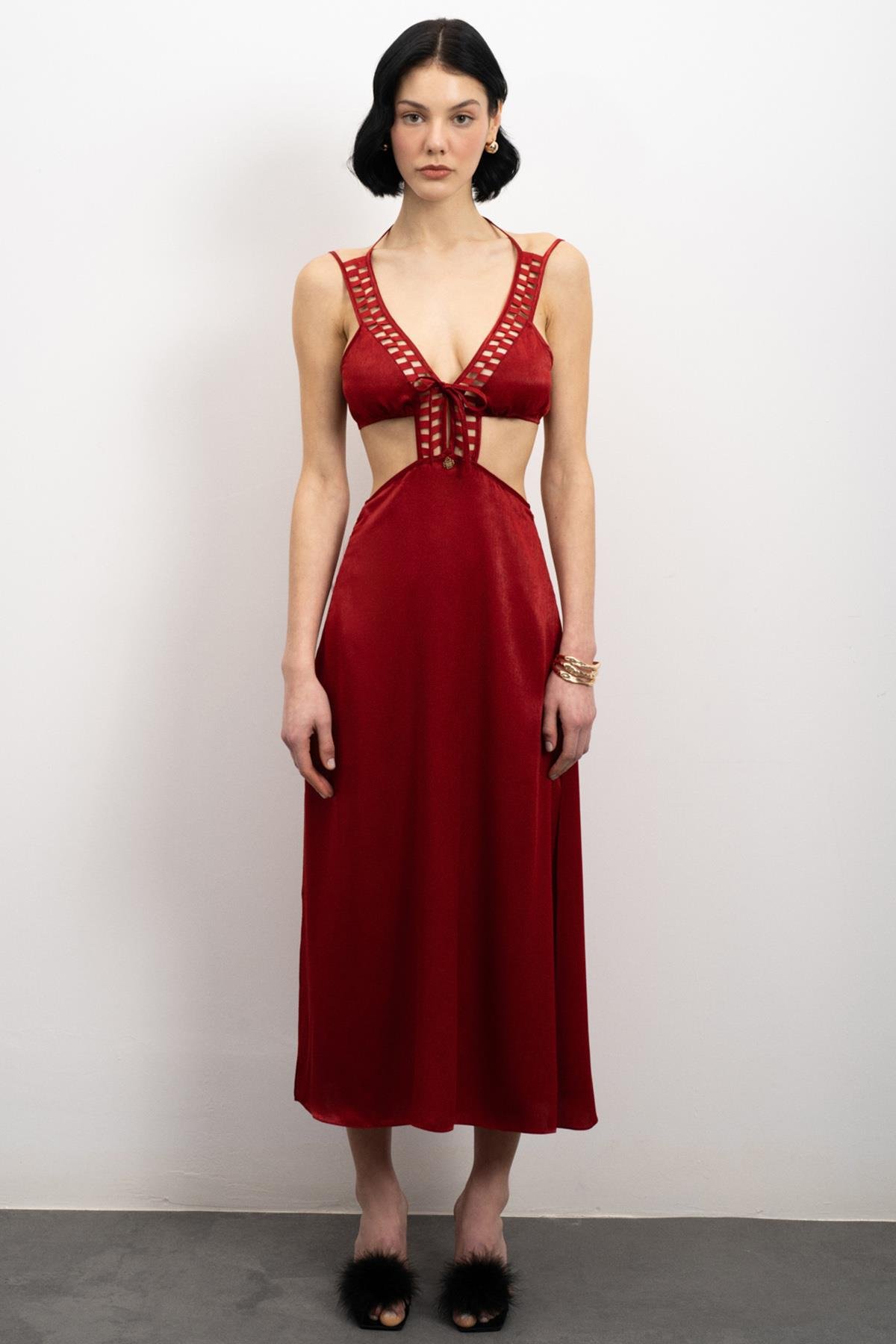 Tearer Grogren Detailed Satin Bordeaux Long Nightgown