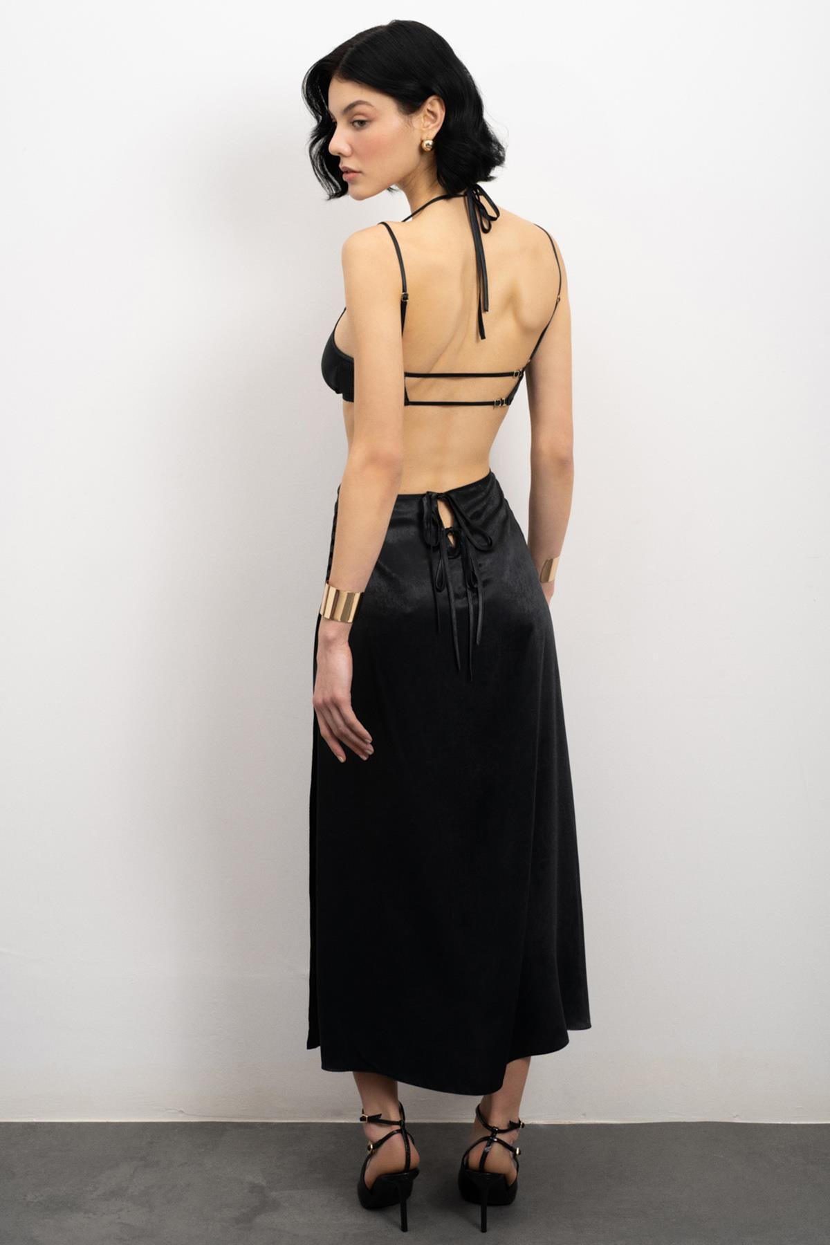 Tearer Grogren Detailed Satin Black Long Nightgown