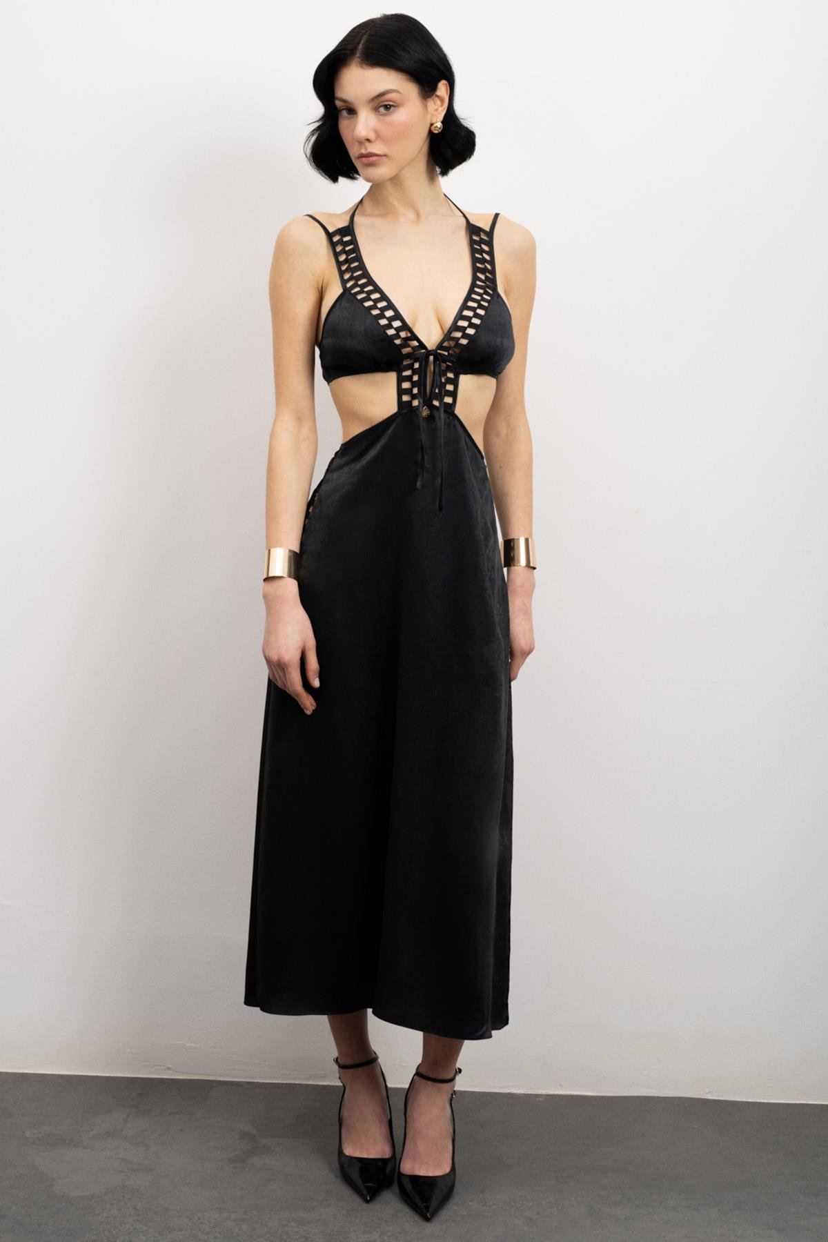 Tearer Grogren Detailed Satin Black Long Nightgown
