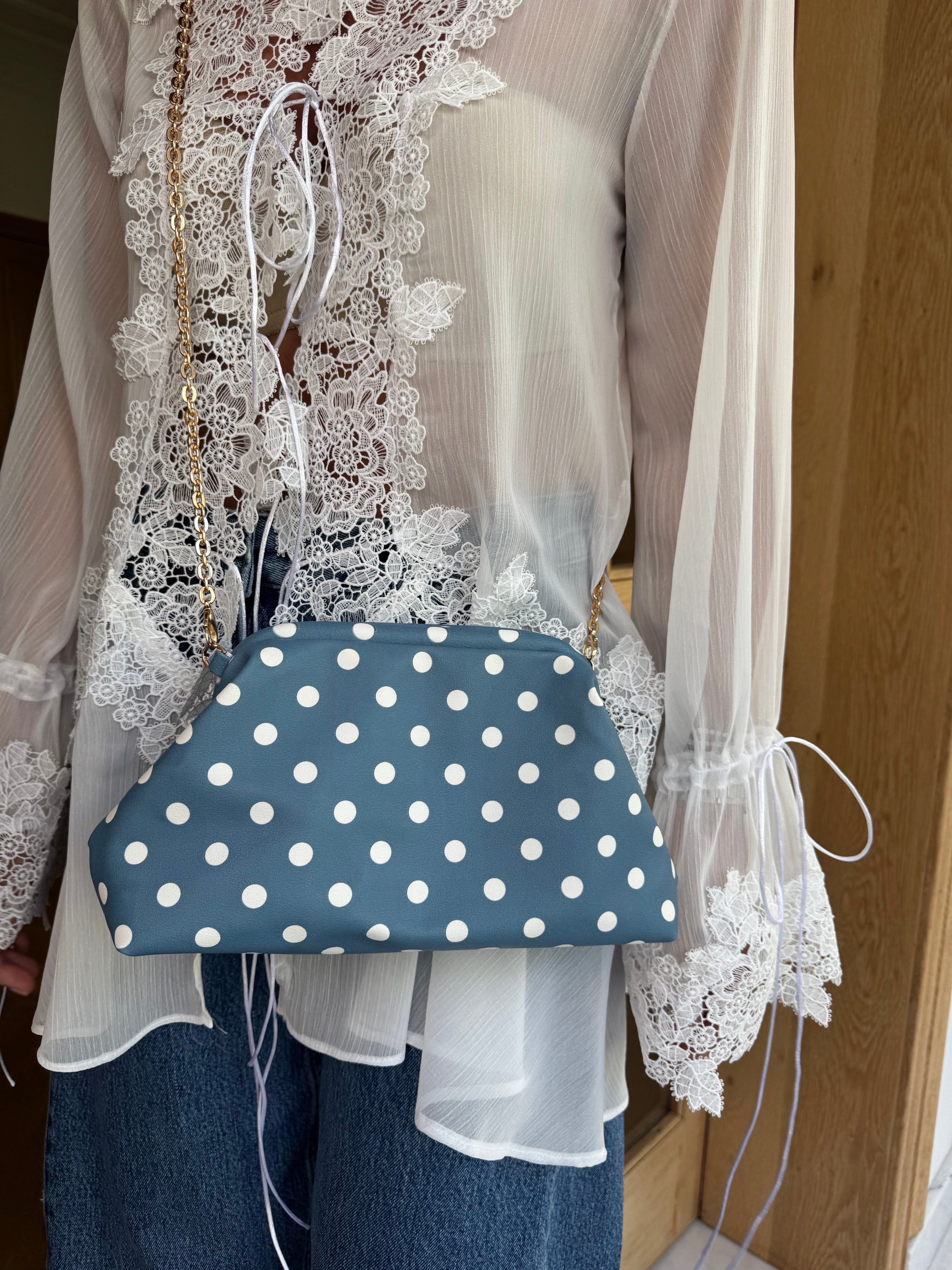 Burslu Clutch Mini Çanta Beyaz Puantiyeli Mavi