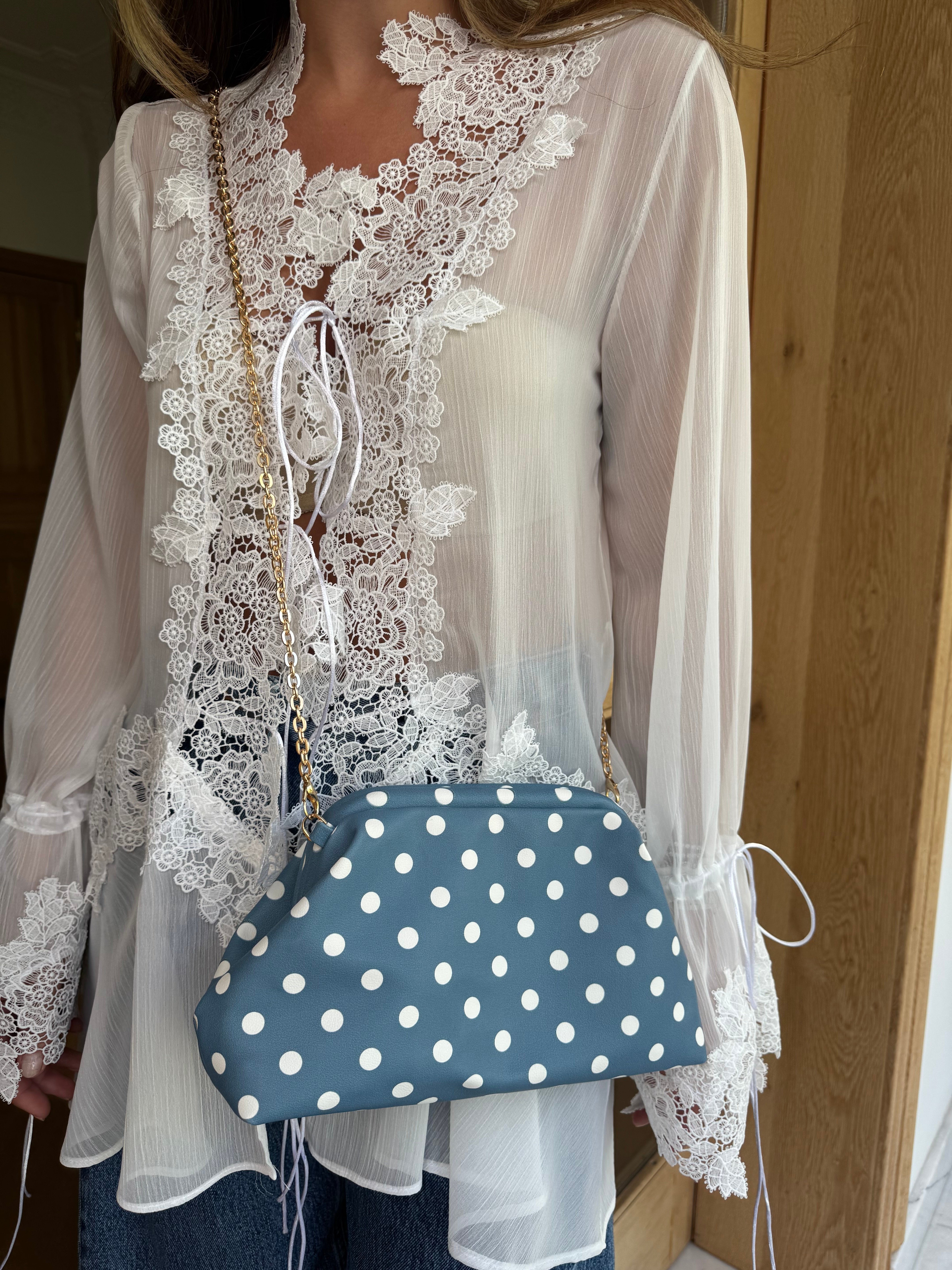 Burslu Clutch Mini Çanta Beyaz Puantiyeli Mavi