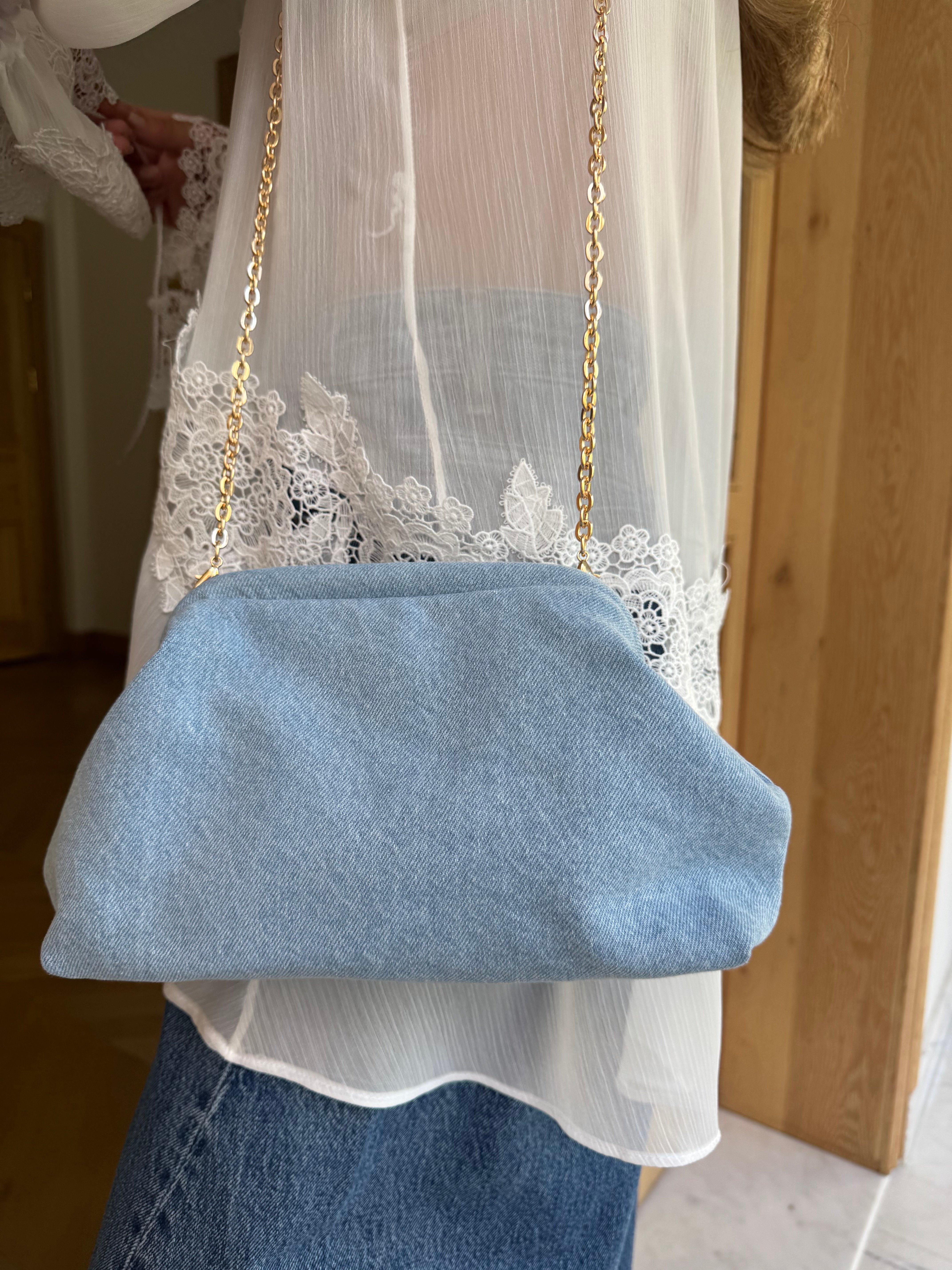 Burslu Clutch Mini Çanta Denim Mavi
