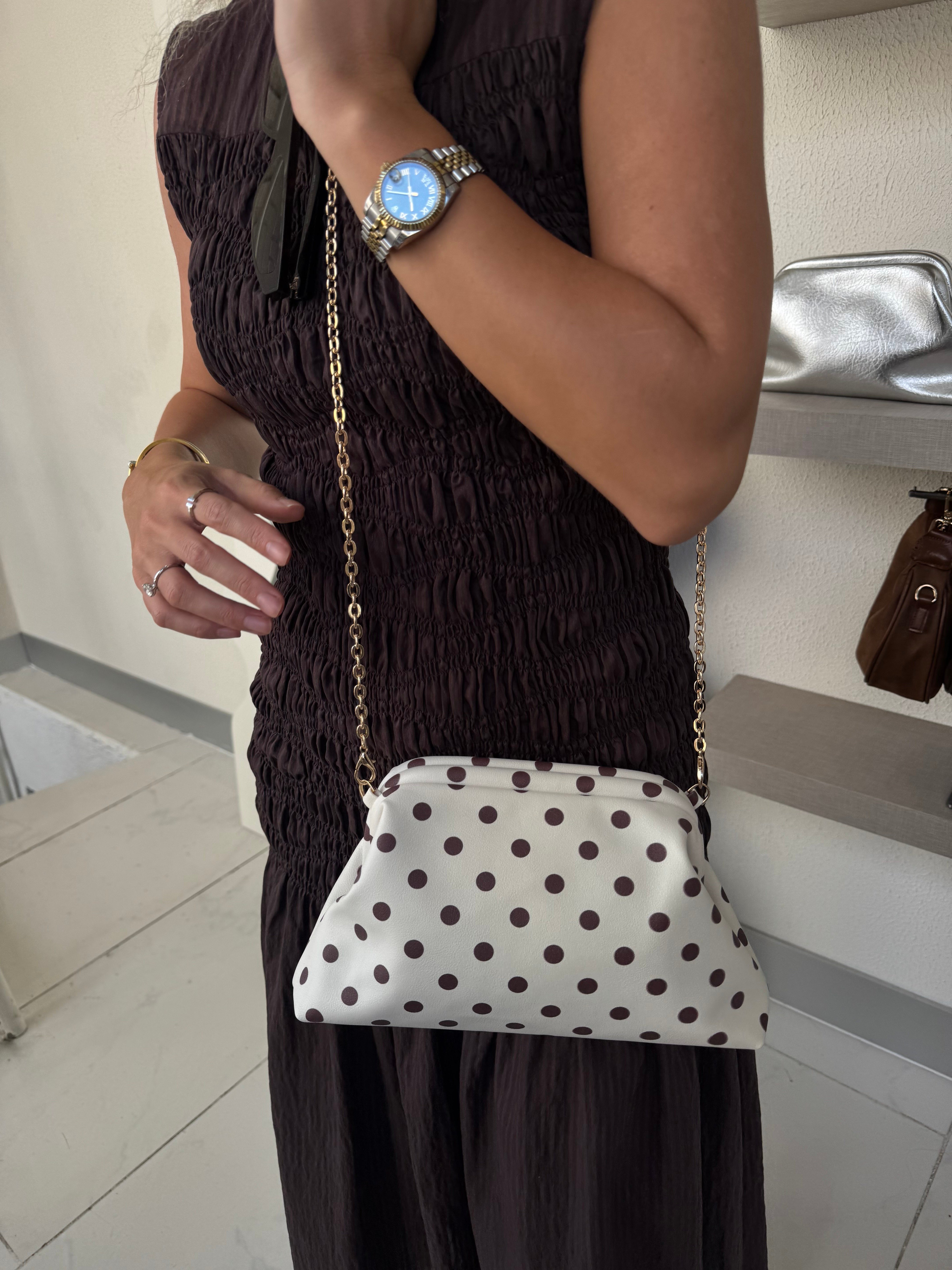 Burslu Clutch Mini Çanta Kahve Puantiyeli Krem