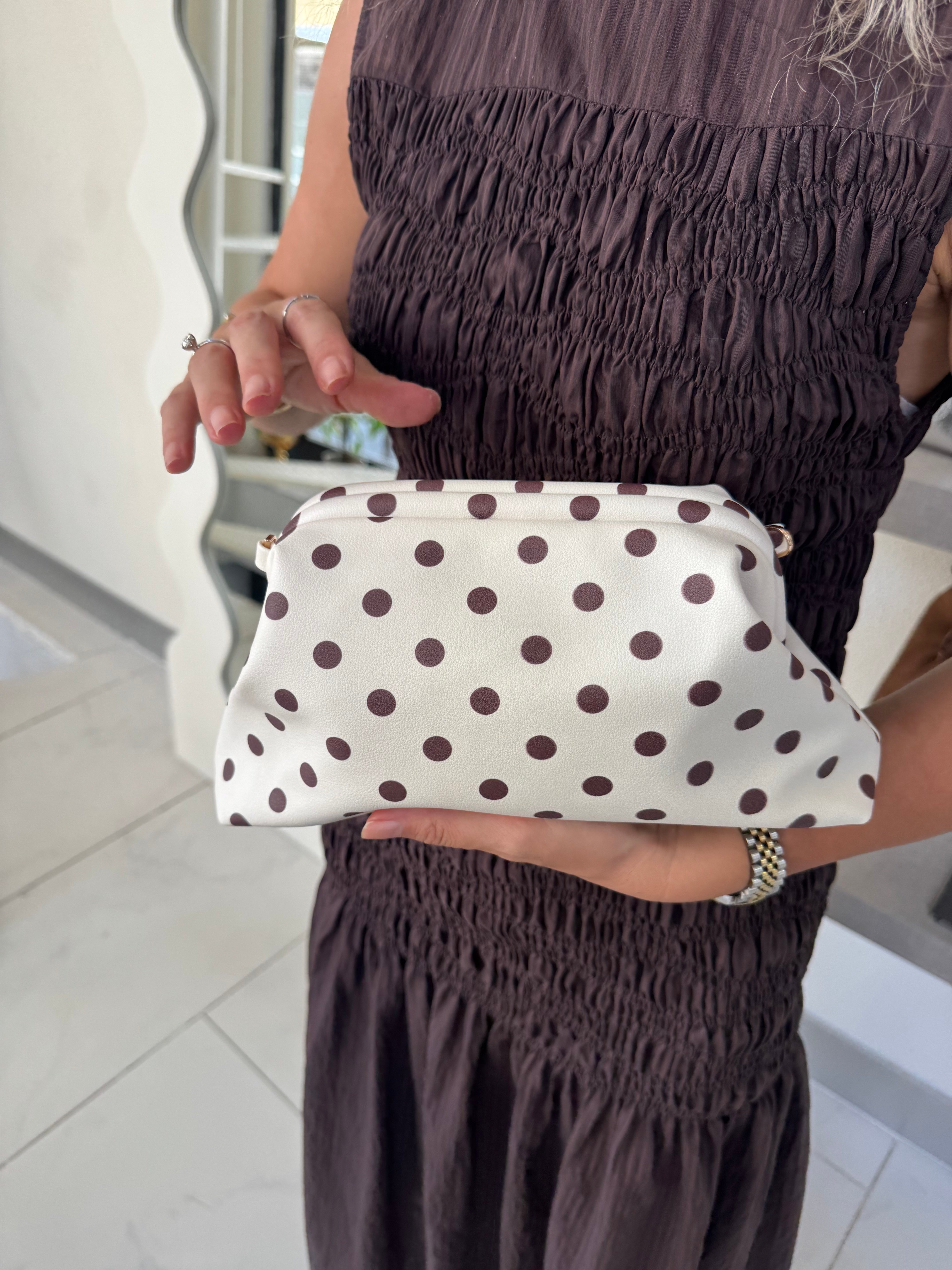 Burslu Clutch Mini Çanta Kahve Puantiyeli Krem