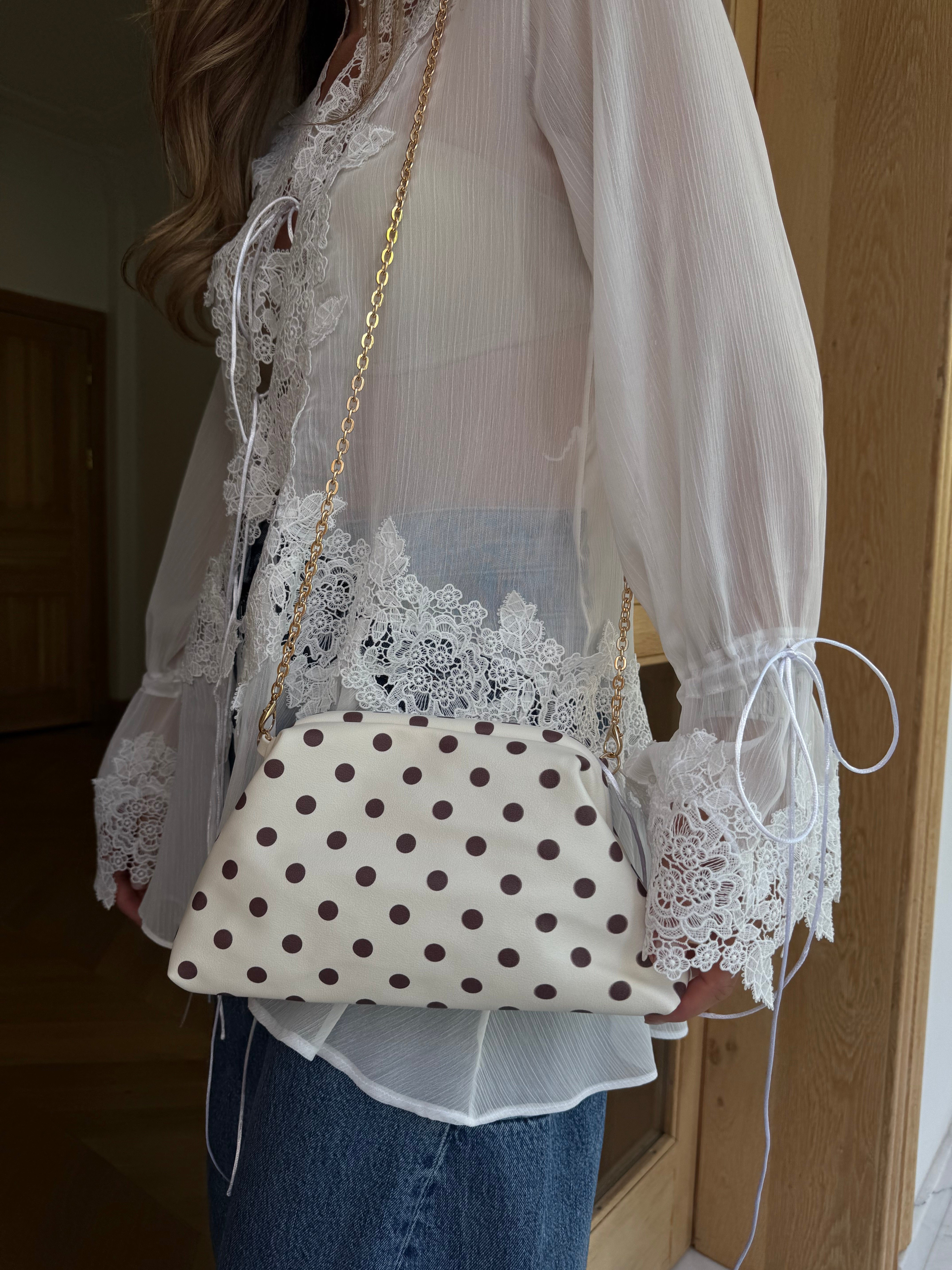 Burslu Clutch Mini Çanta Kahve Puantiyeli Krem