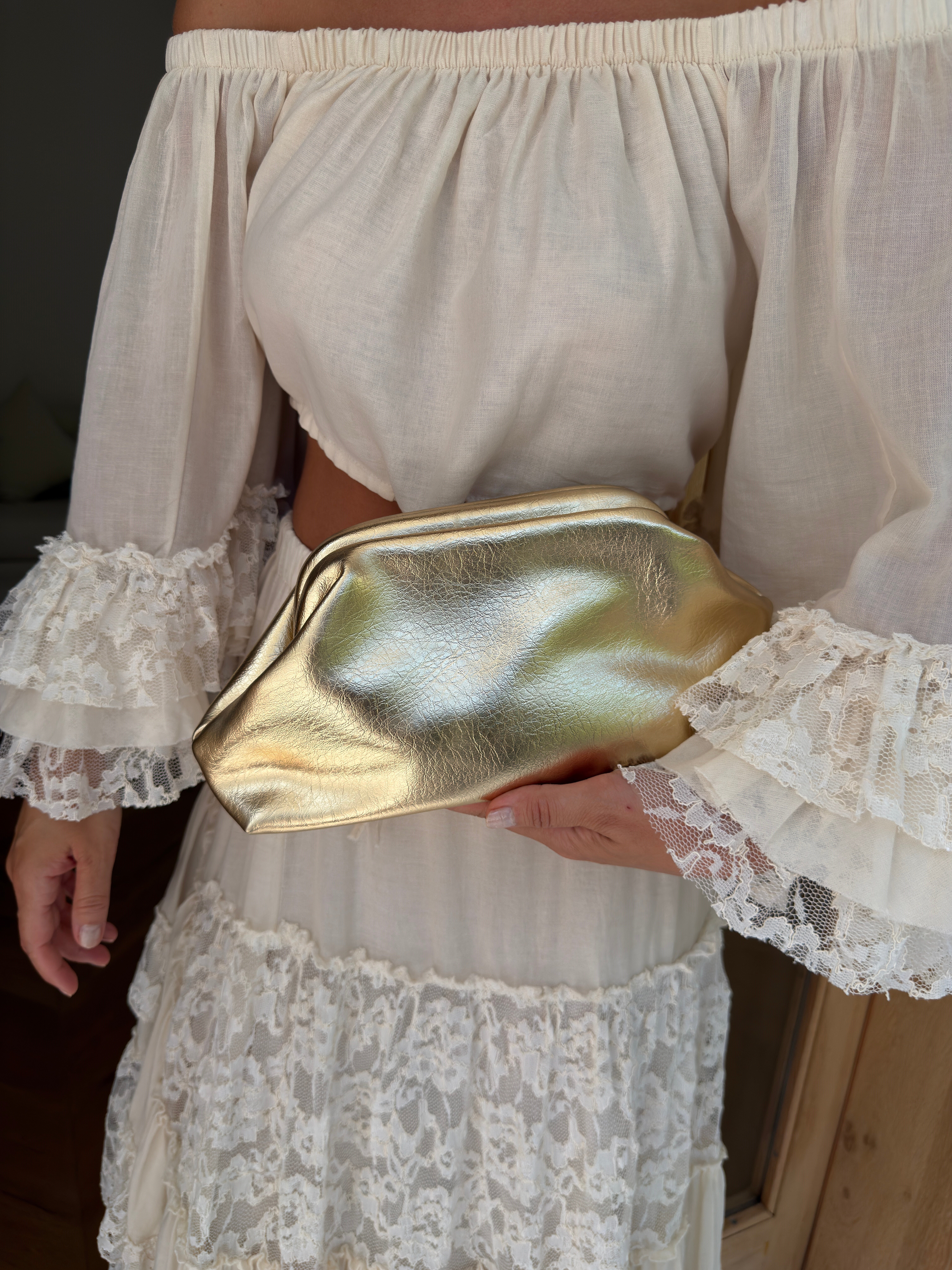 Burslu Clutch Mini Çanta Metalize Deri Gold