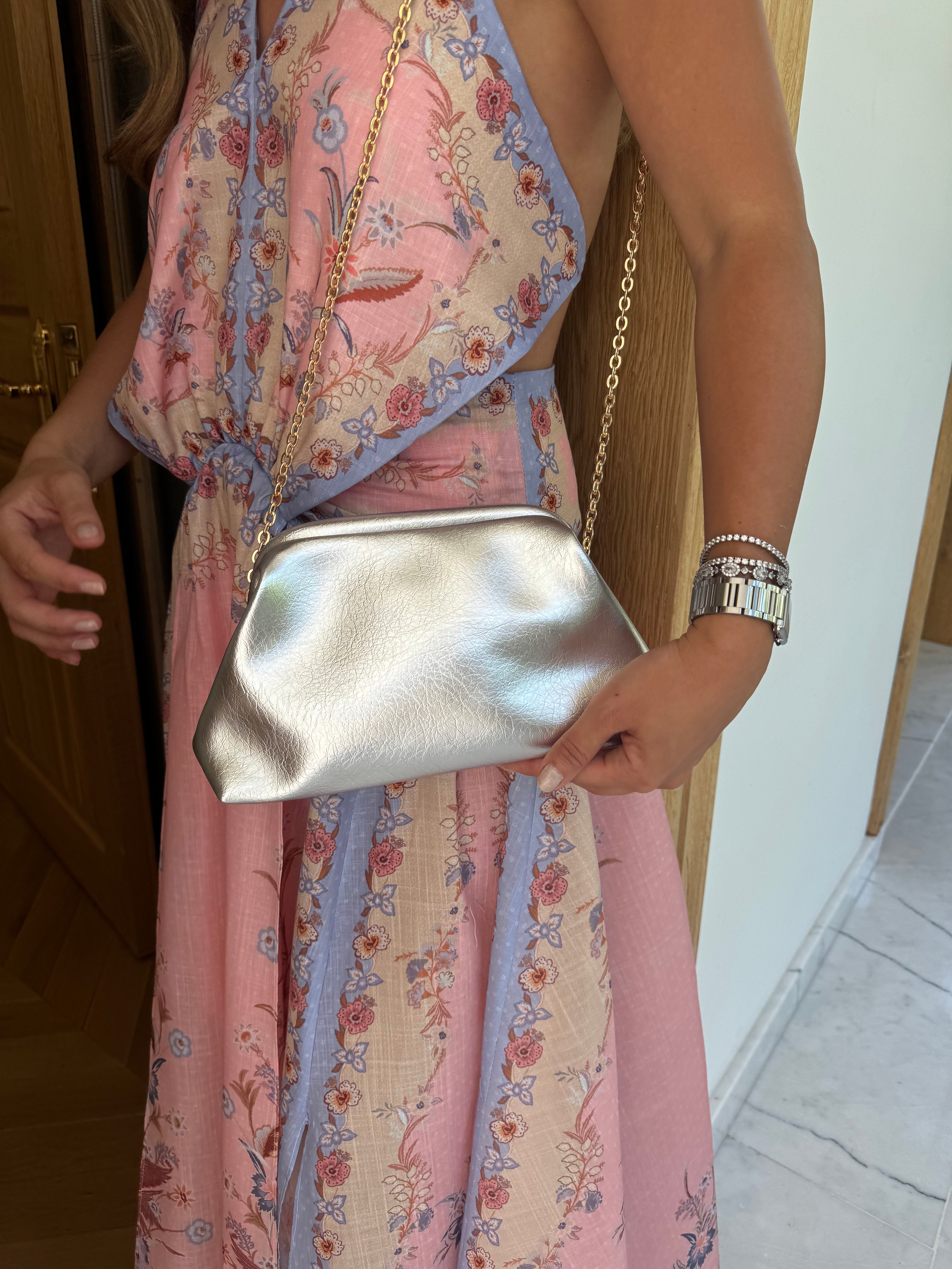 Burslu Clutch Mini Çanta Metalize Deri Silver