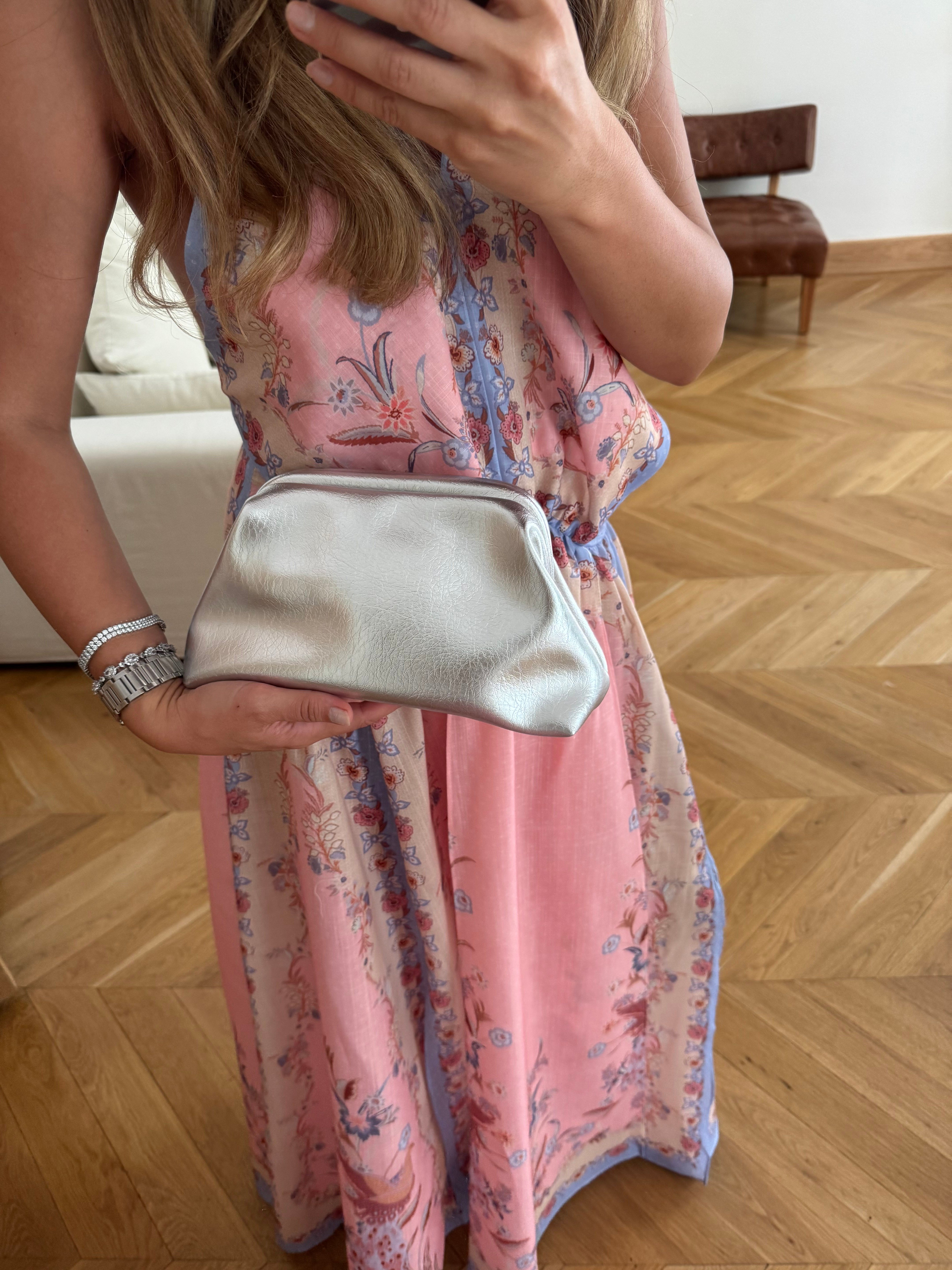 Burslu Clutch Mini Çanta Metalize Deri Silver