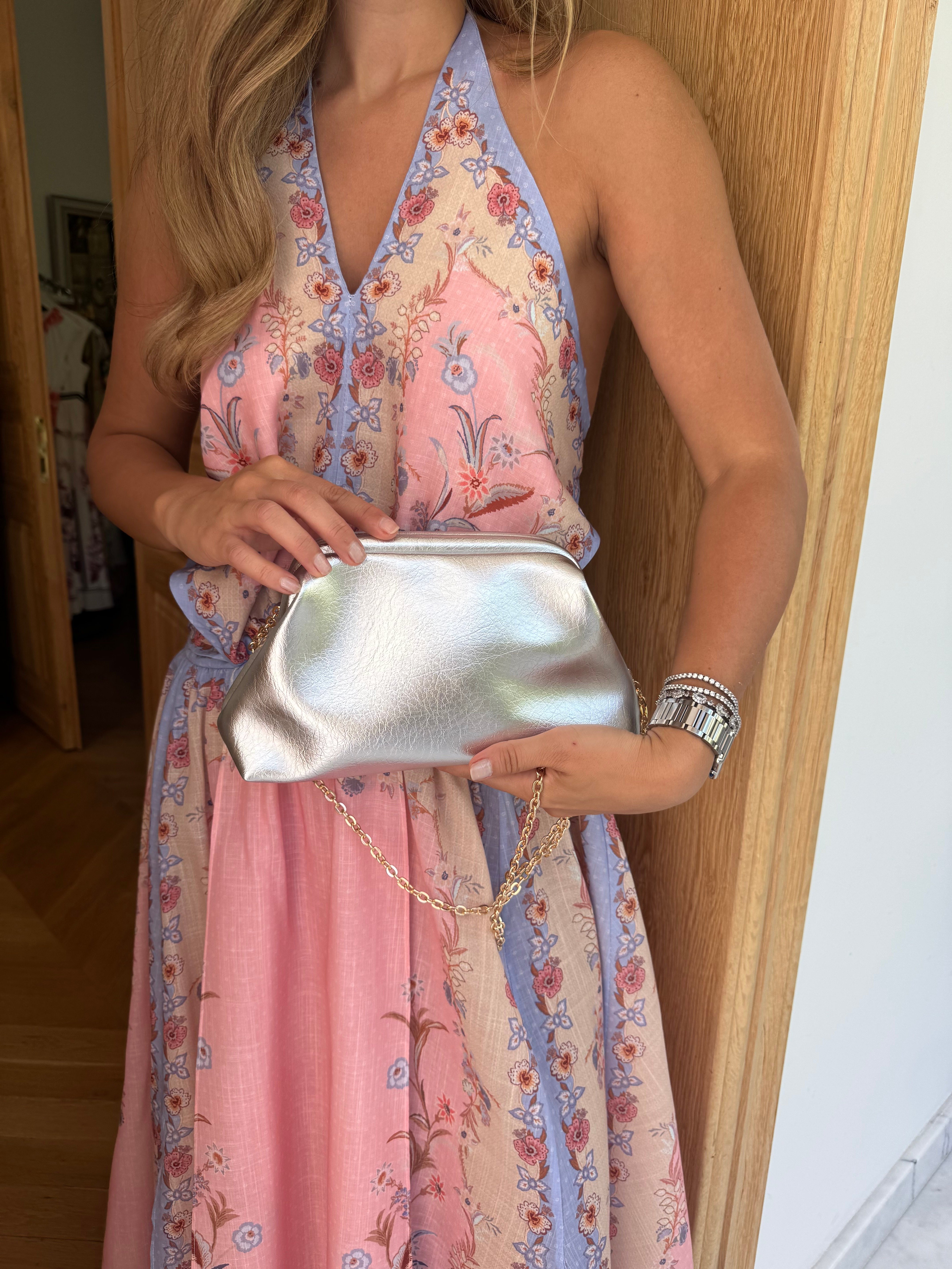 Burslu Clutch Mini Çanta Metalize Deri Silver