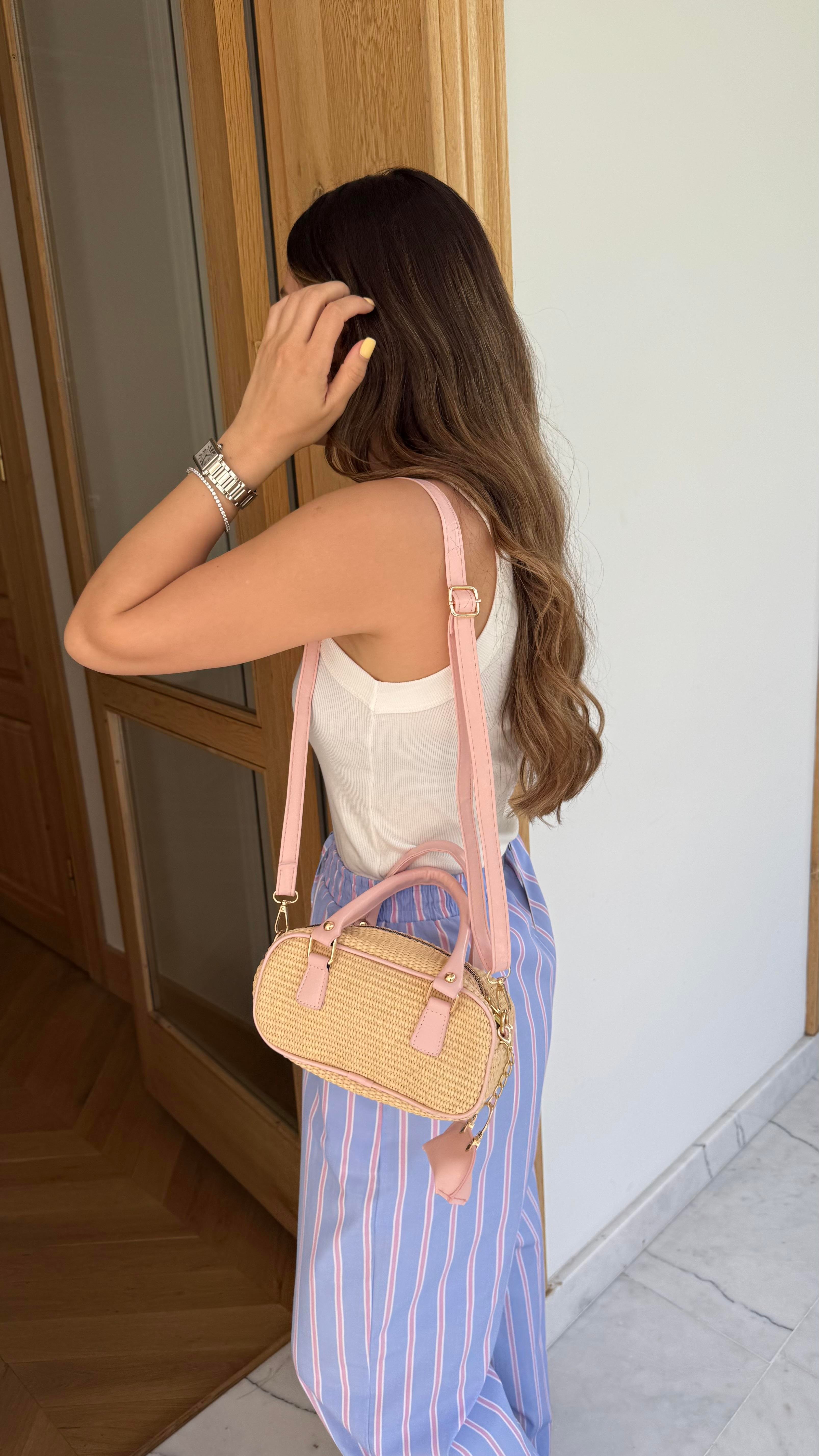Çanta Aksesuarlı Hasır Çanta Pembe