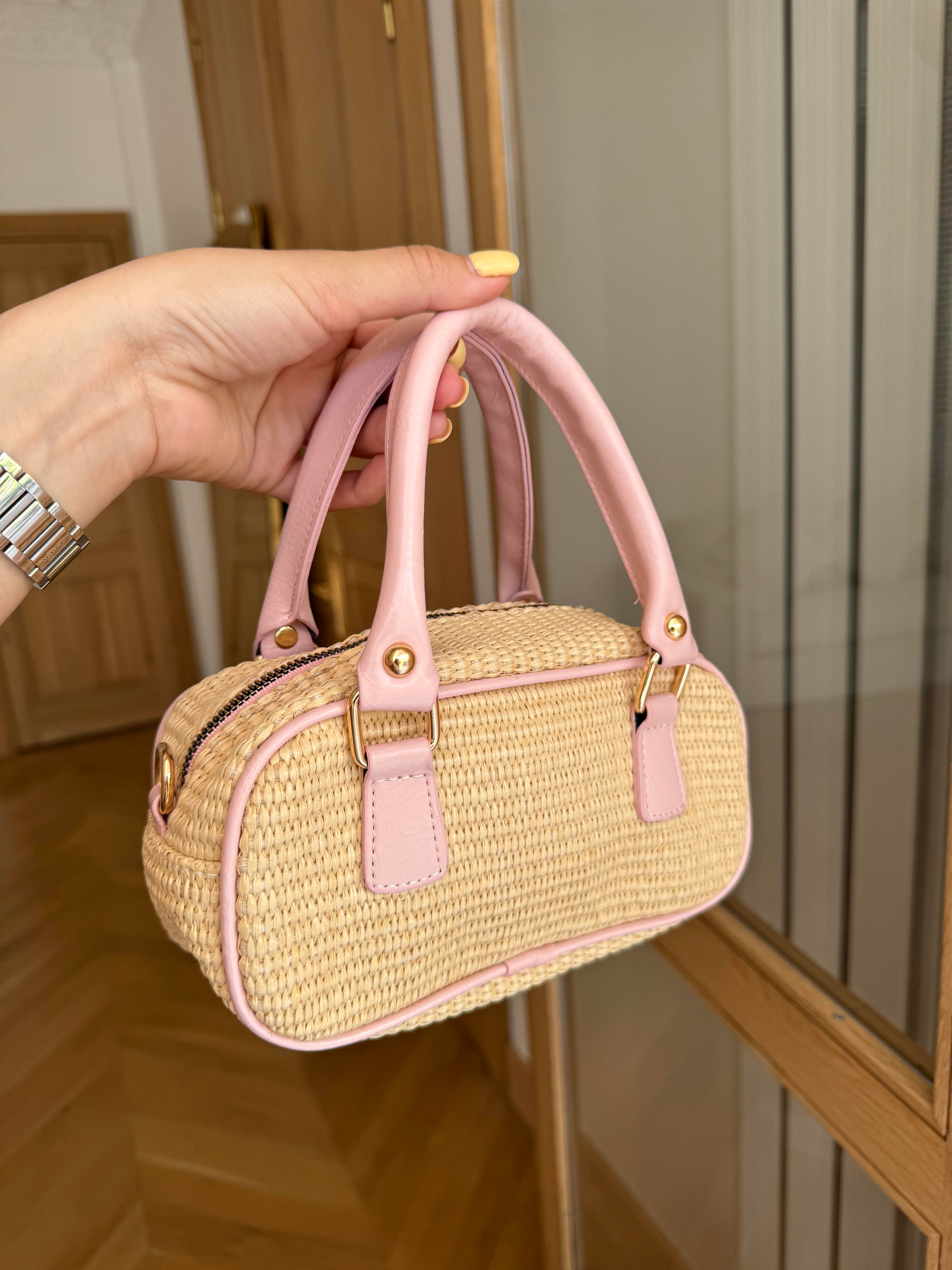 Çanta Aksesuarlı Hasır Çanta Pembe
