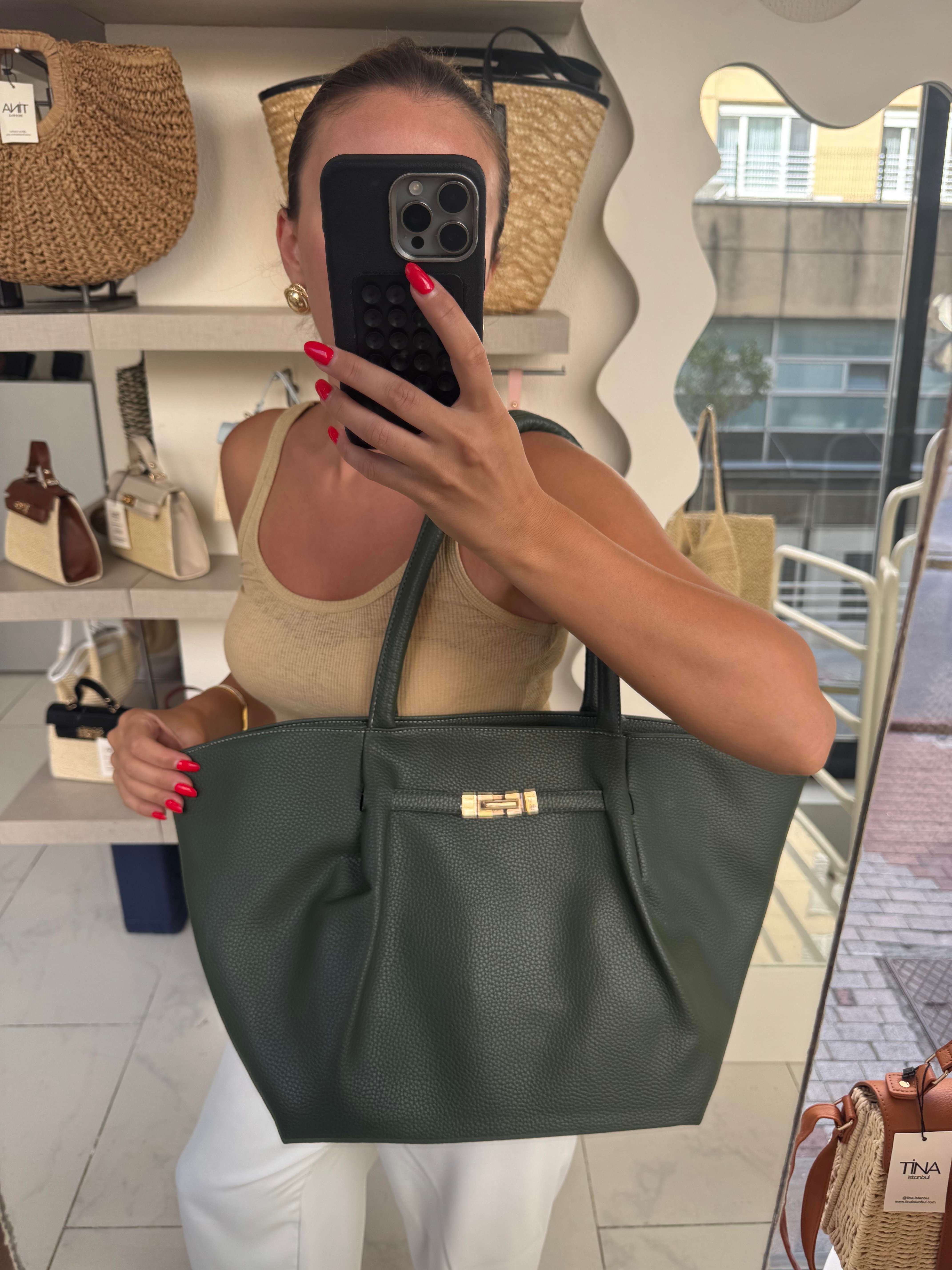 Dokulu Oversize Günlük Çanta Haki
