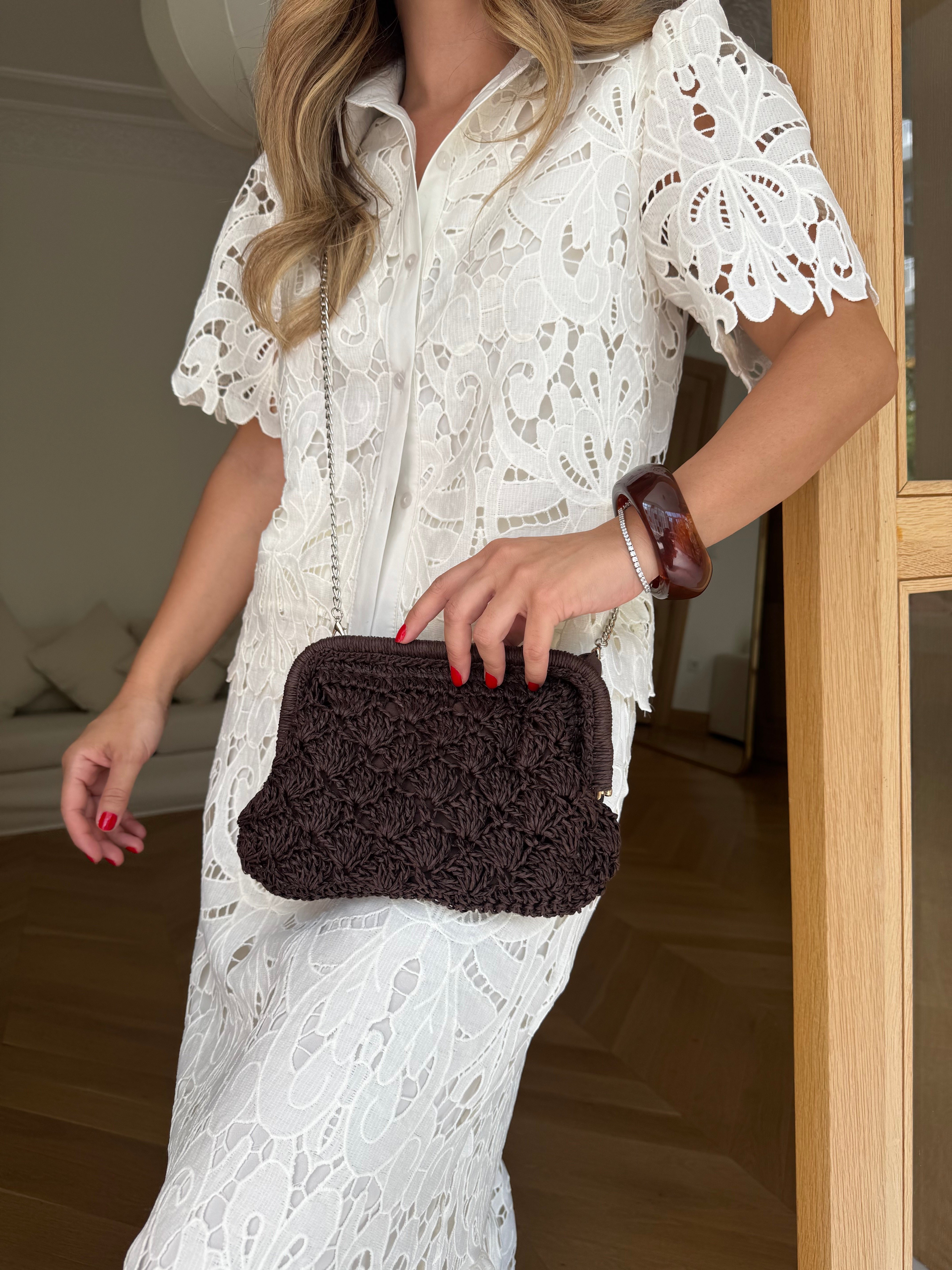 Dokuma Hasır Mini Clutch El ve Omuz Çantası Acı Kahve