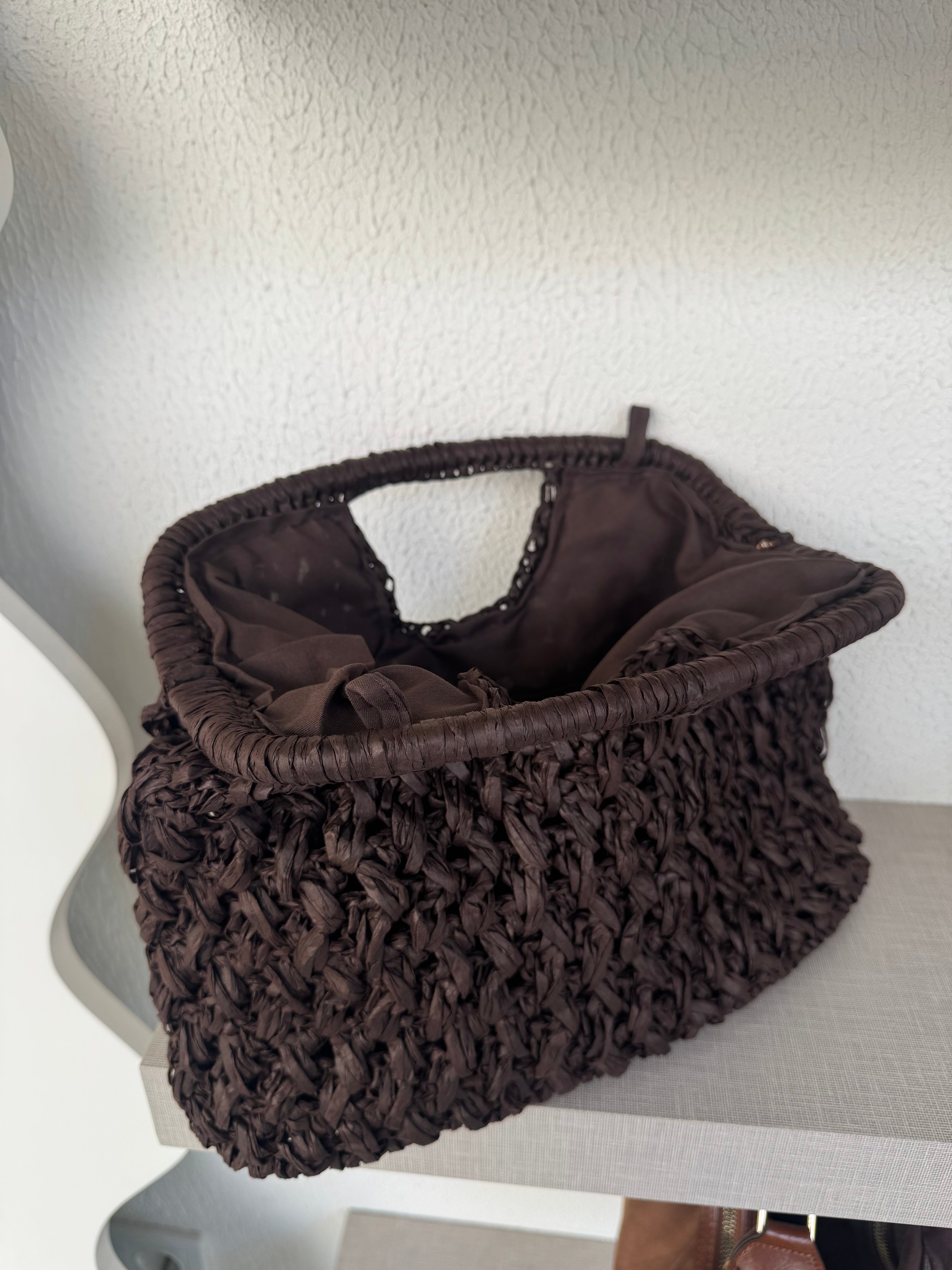 Kare Saplı Hasır Clutch Çanta Acı Kahve