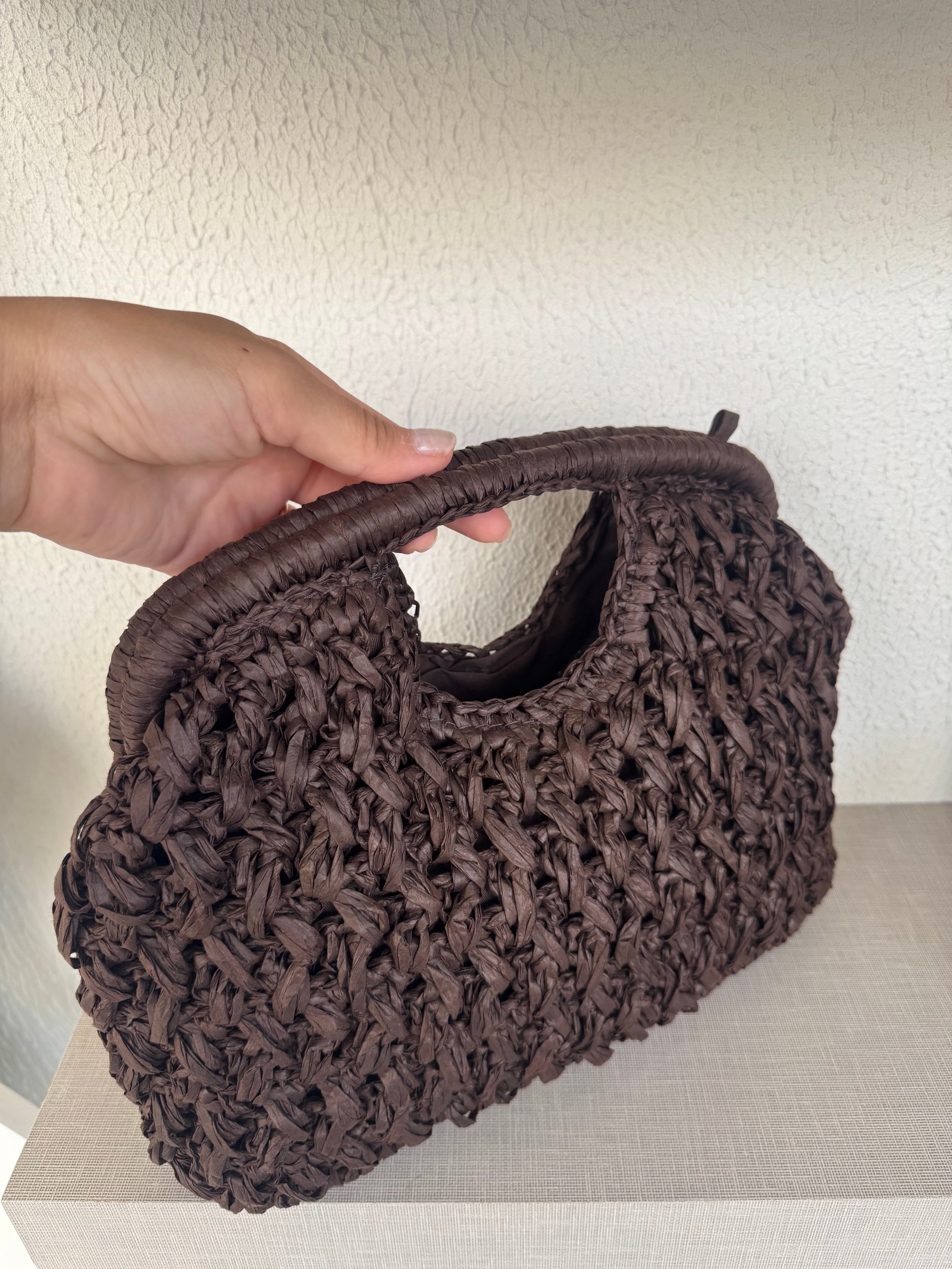 Kare Saplı Hasır Clutch Çanta Acı Kahve