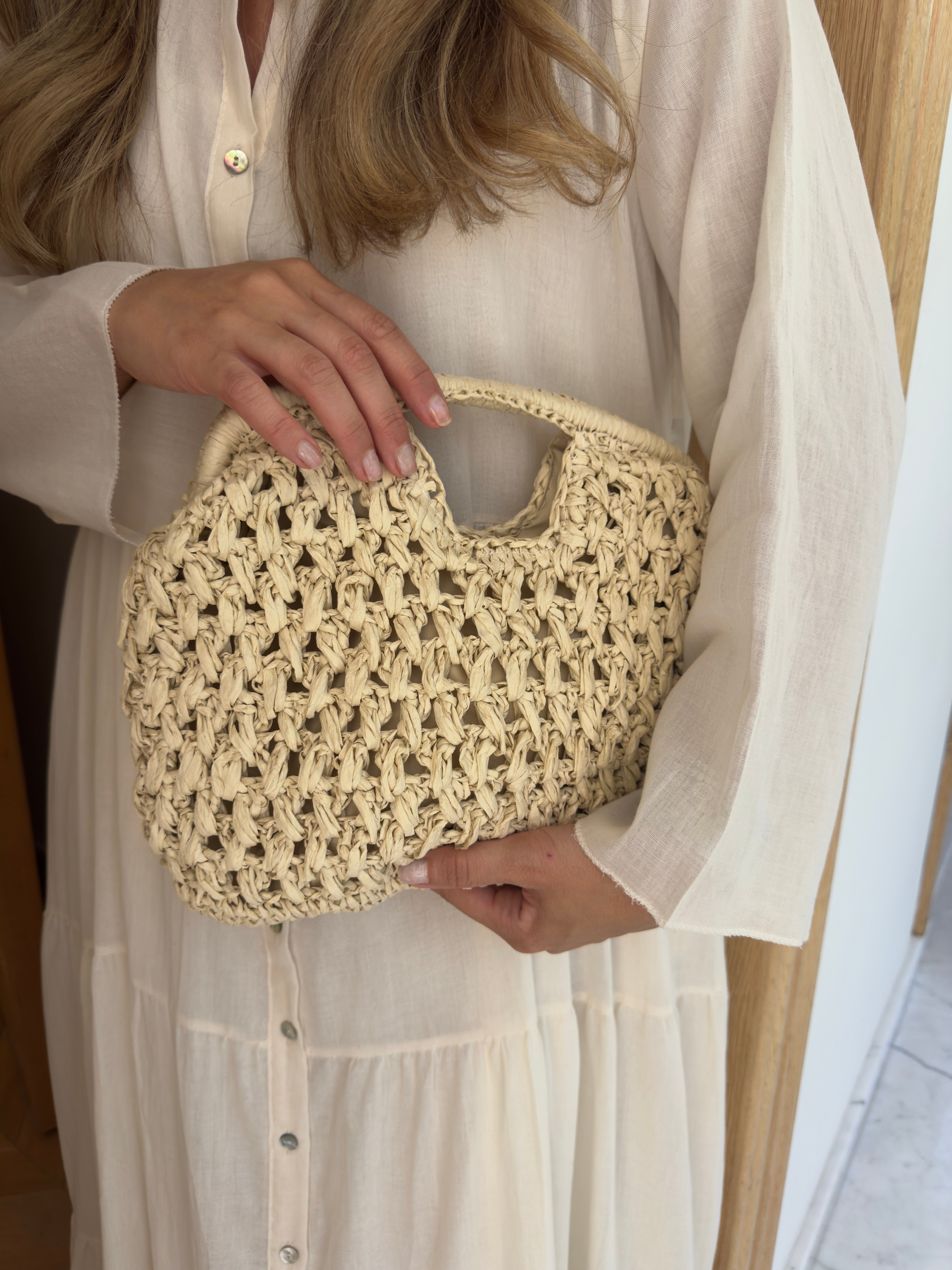 Kare Saplı Hasır Clutch Çanta Bej