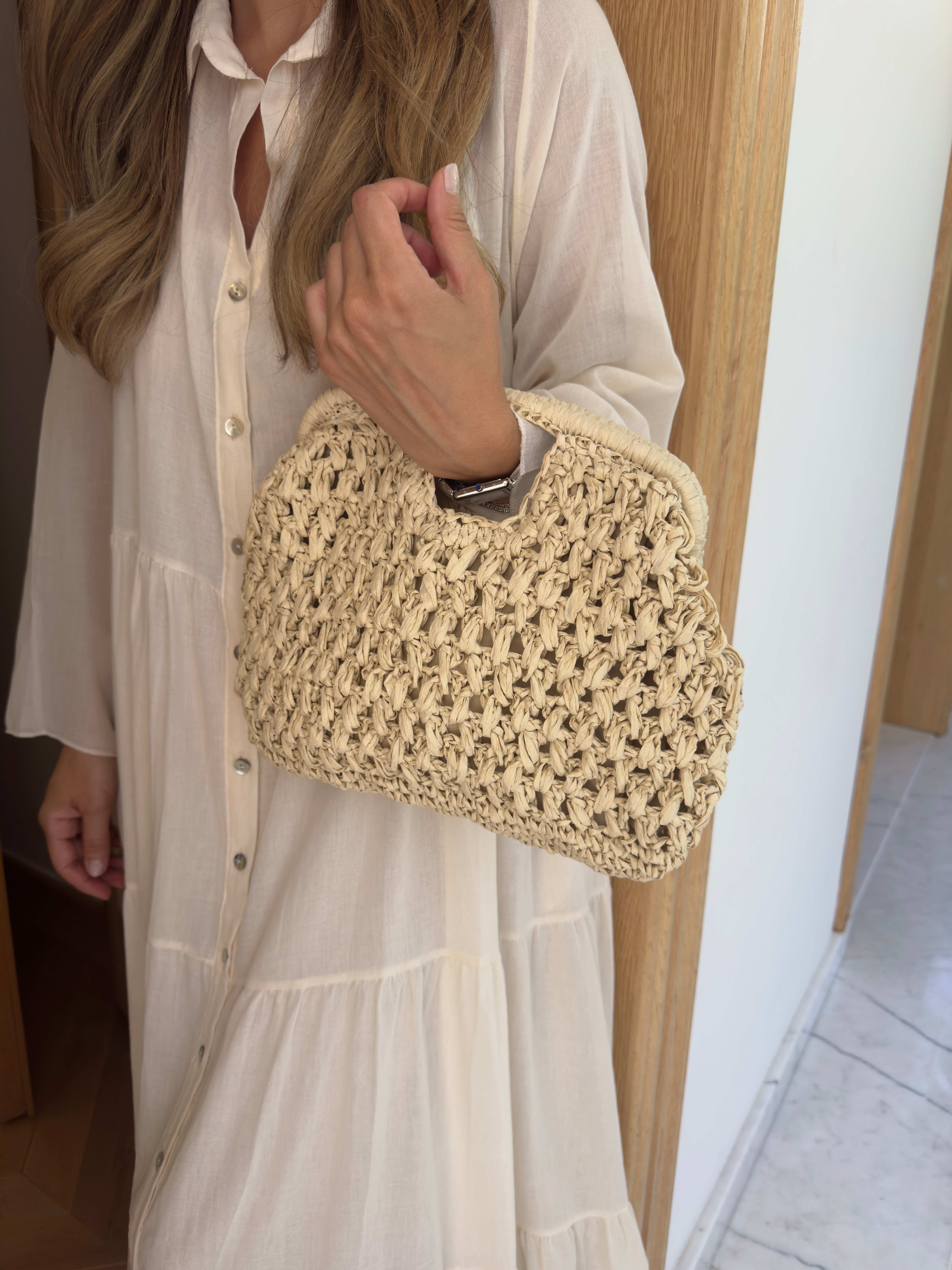 Kare Saplı Hasır Clutch Çanta Bej