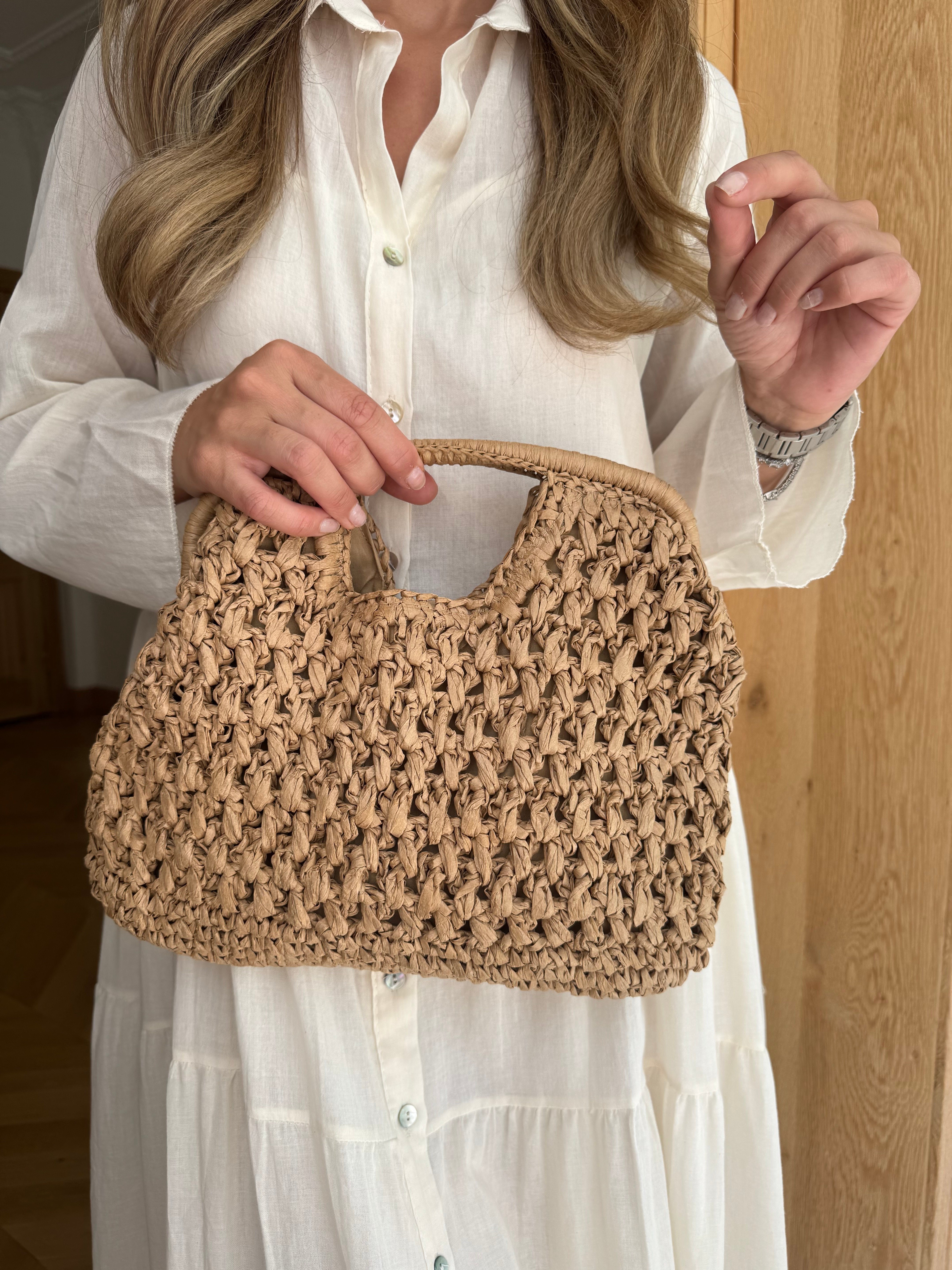 Kare Saplı Hasır Clutch Çanta Camel