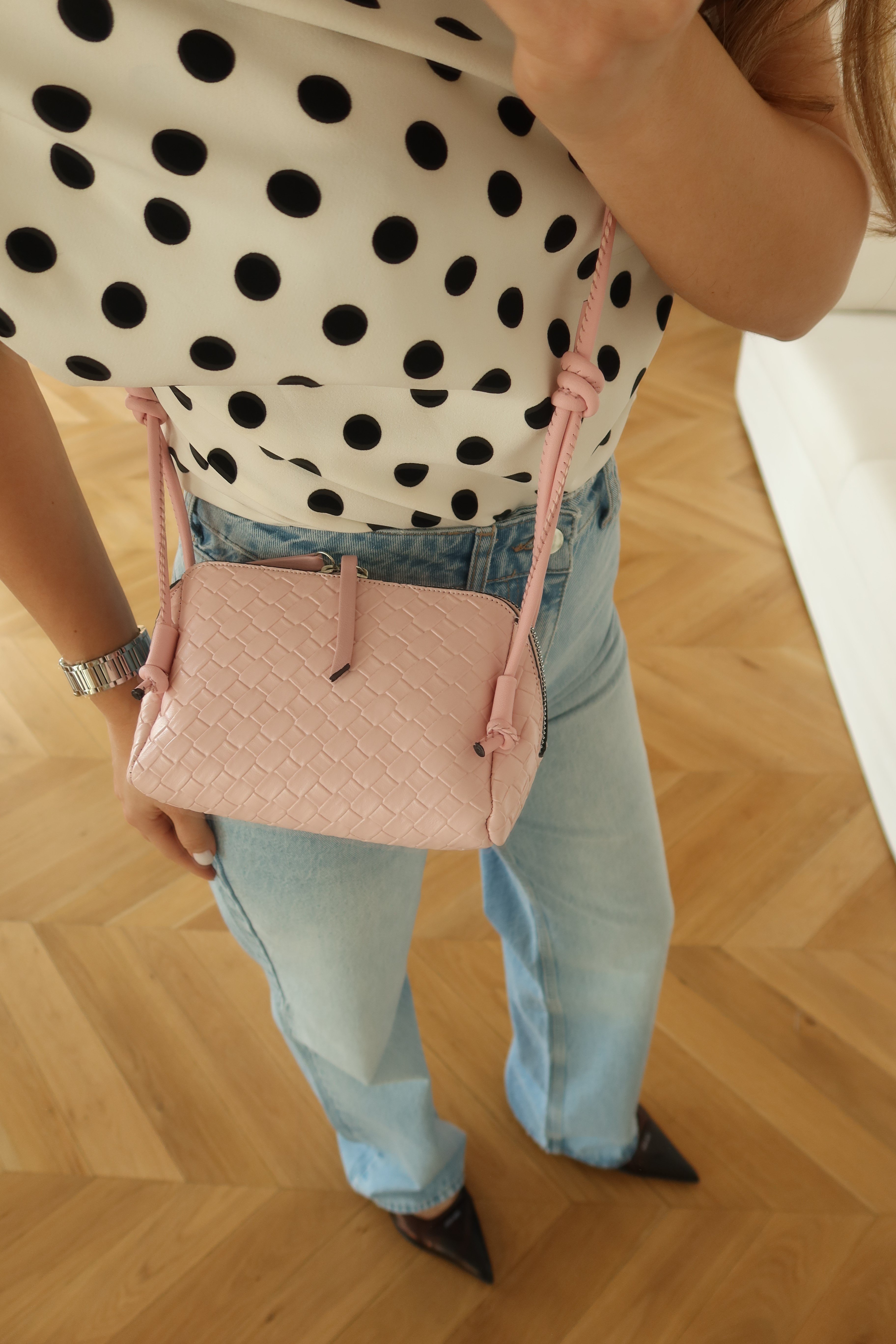 Örgü Dokulu Ayarlanabilir Askılı Deri Mini Çanta Pembe