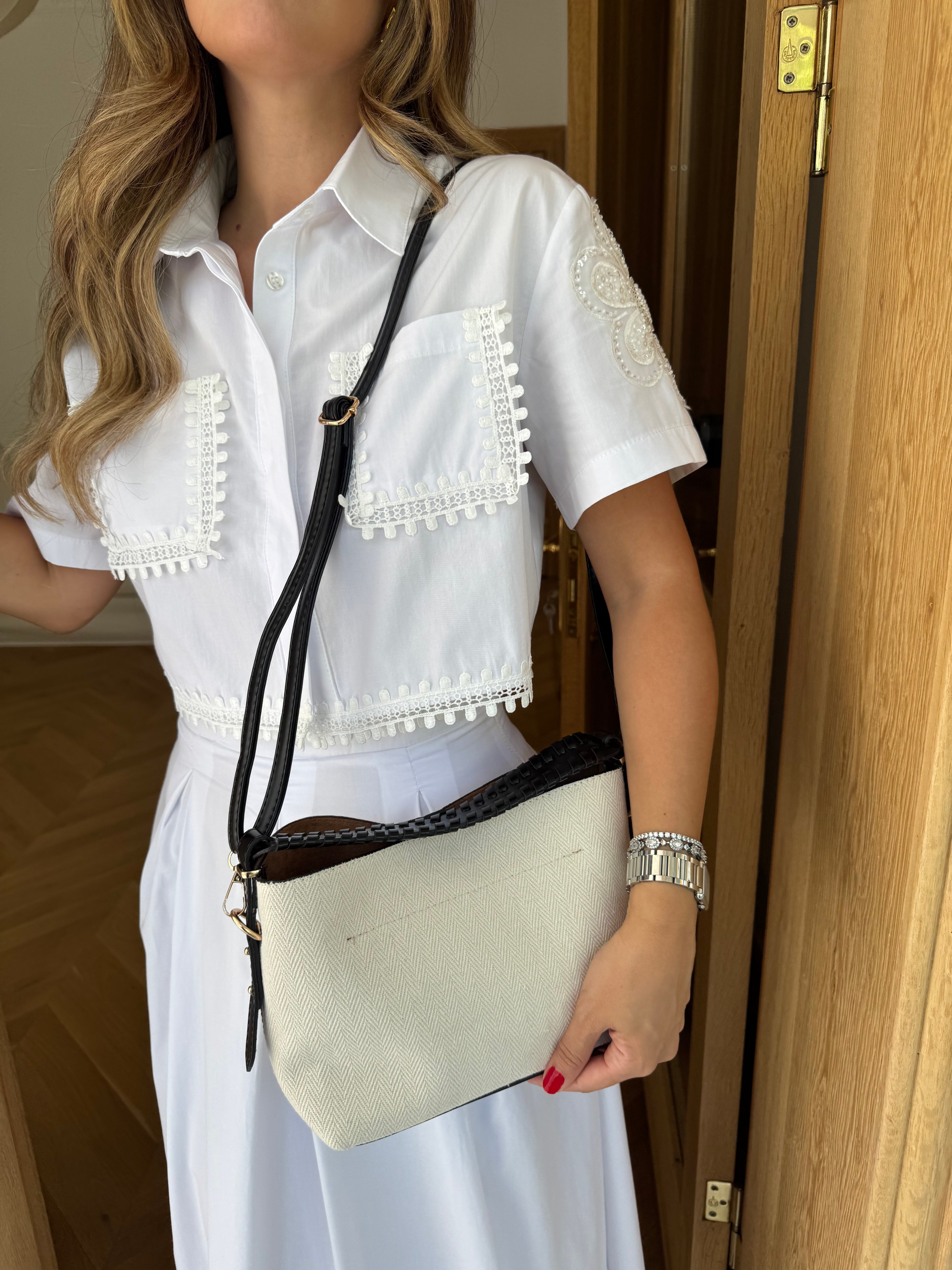 Örme Deri Saplı Keten El ve Omuz Çantası Siyah