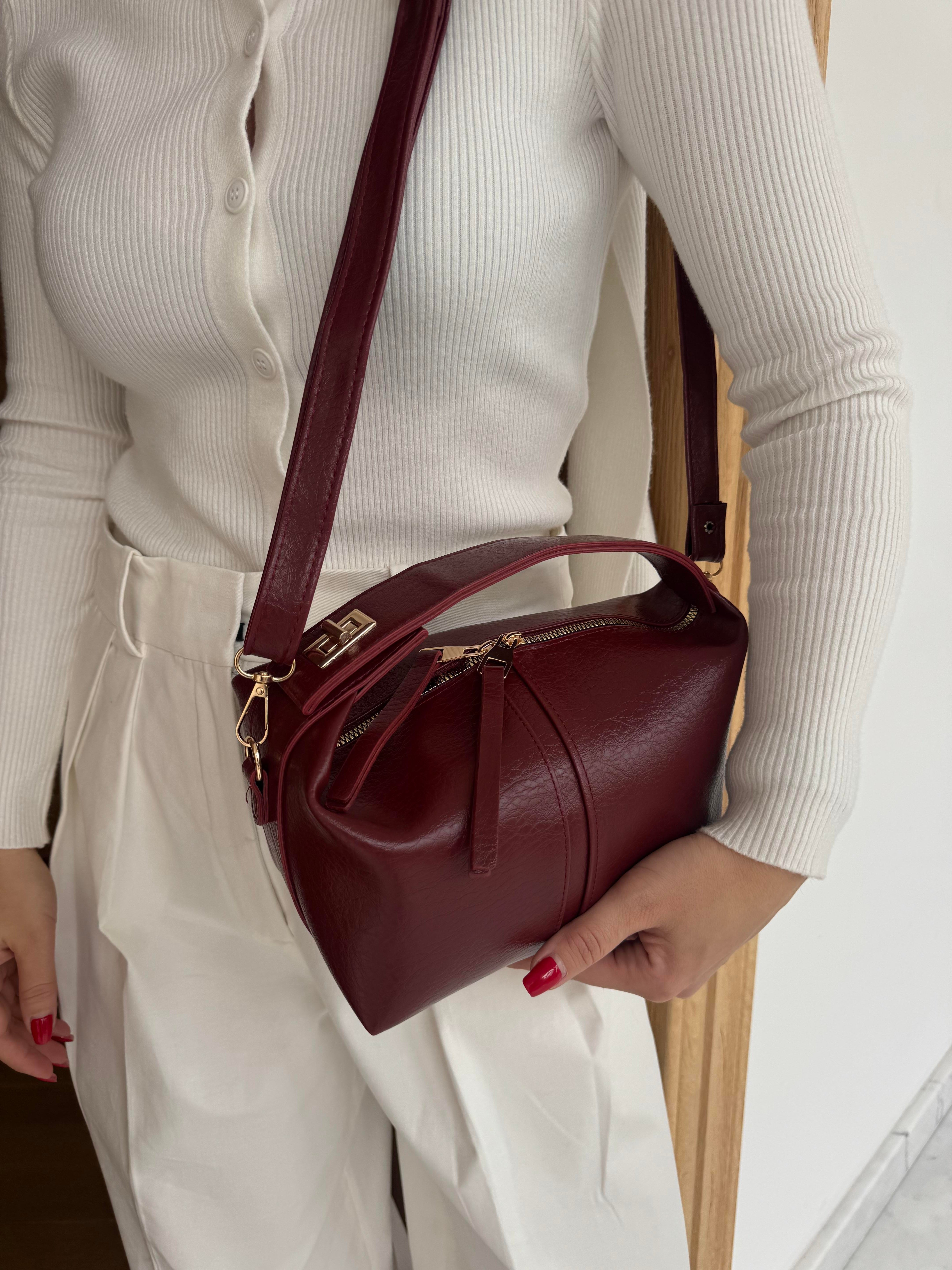 Pouch Bag Kilit Askılı Omuz Çantası Bordo