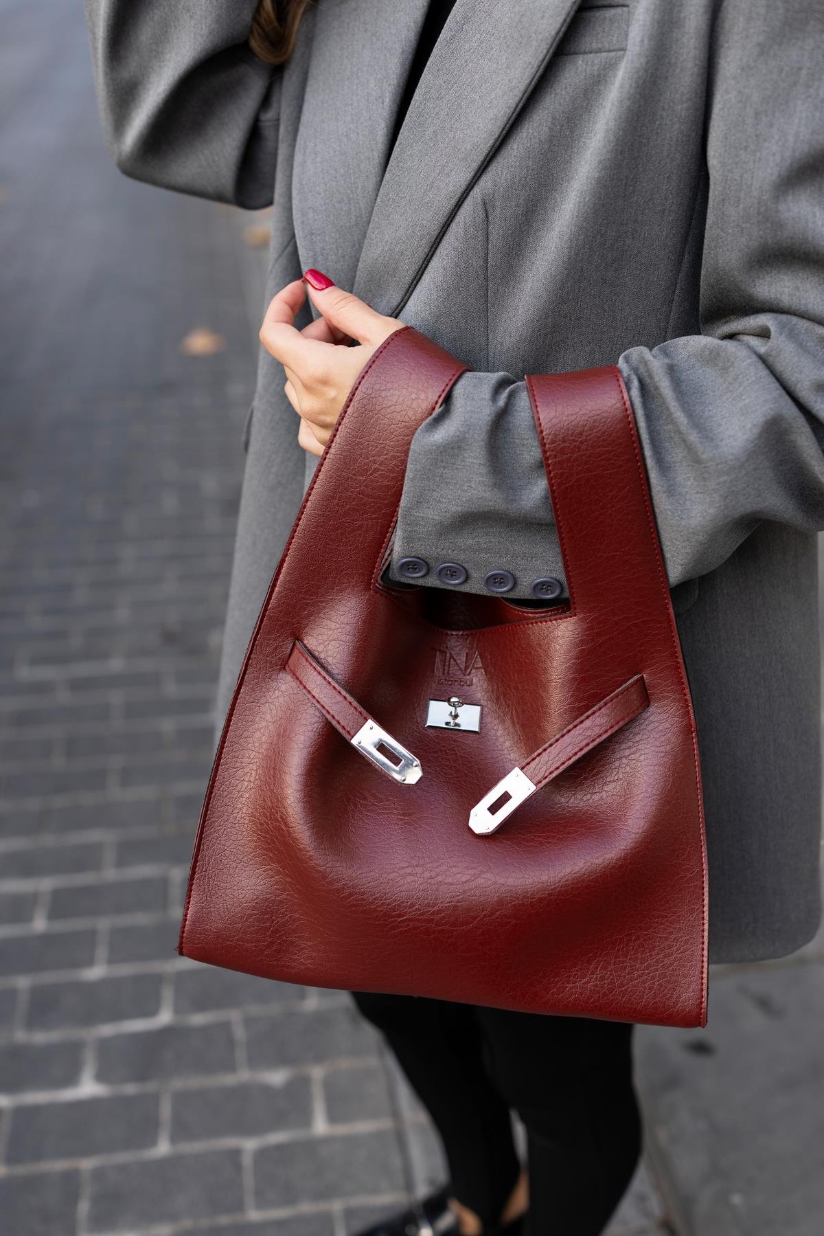 Shopper Bag Kemer Aksesuarlı Omuz Çantası Bordo