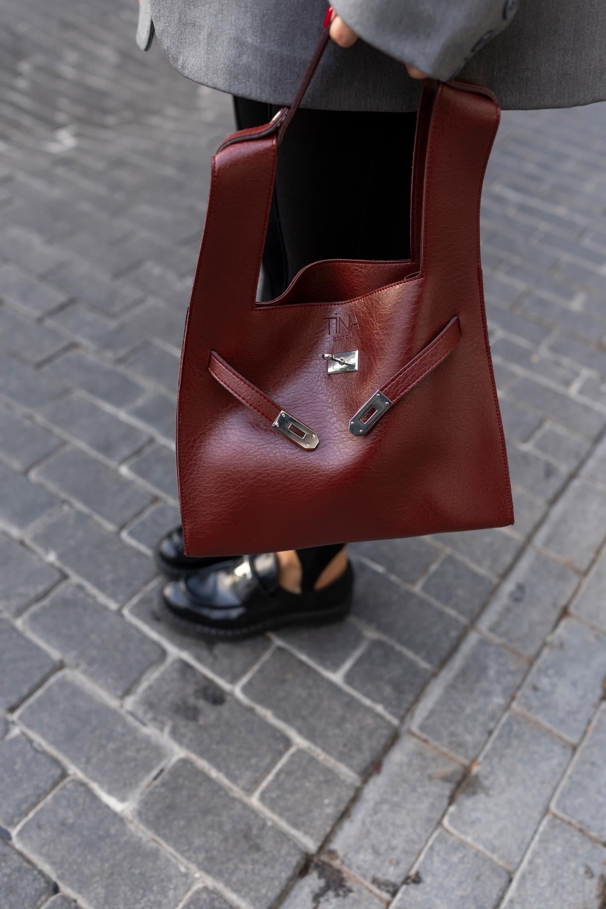 Shopper Bag Kemer Aksesuarlı Omuz Çantası Bordo