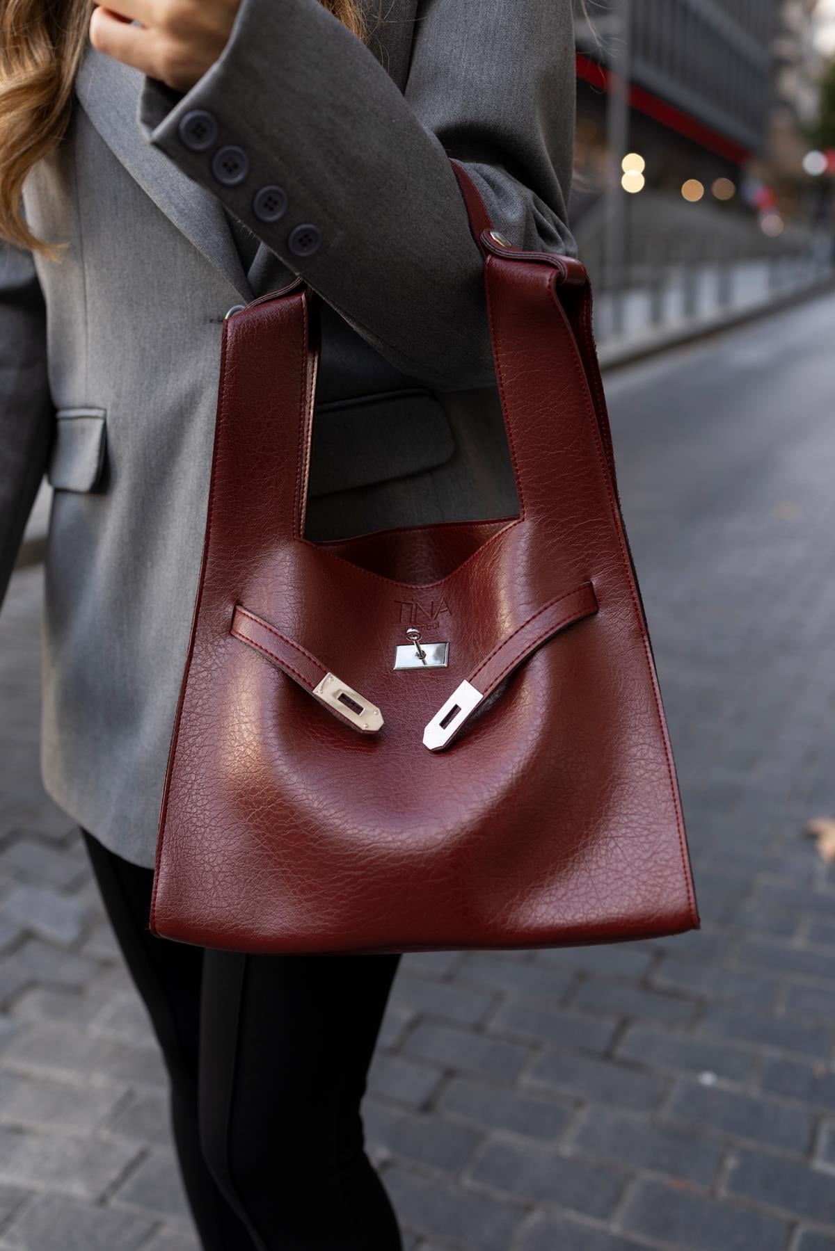 Shopper Bag Kemer Aksesuarlı Omuz Çantası Bordo