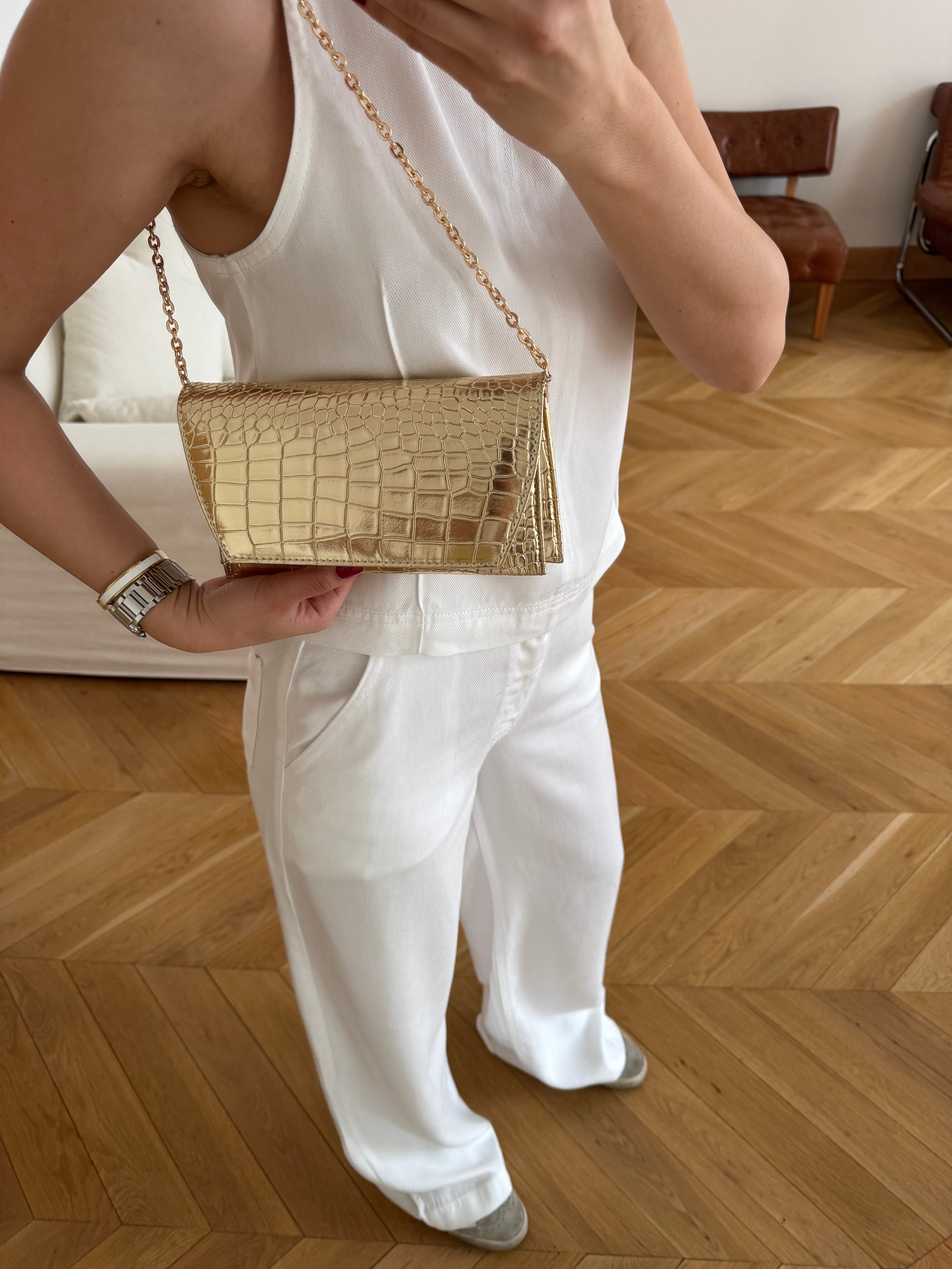 Zincir Askılı Portföy Kroko Çanta Gold