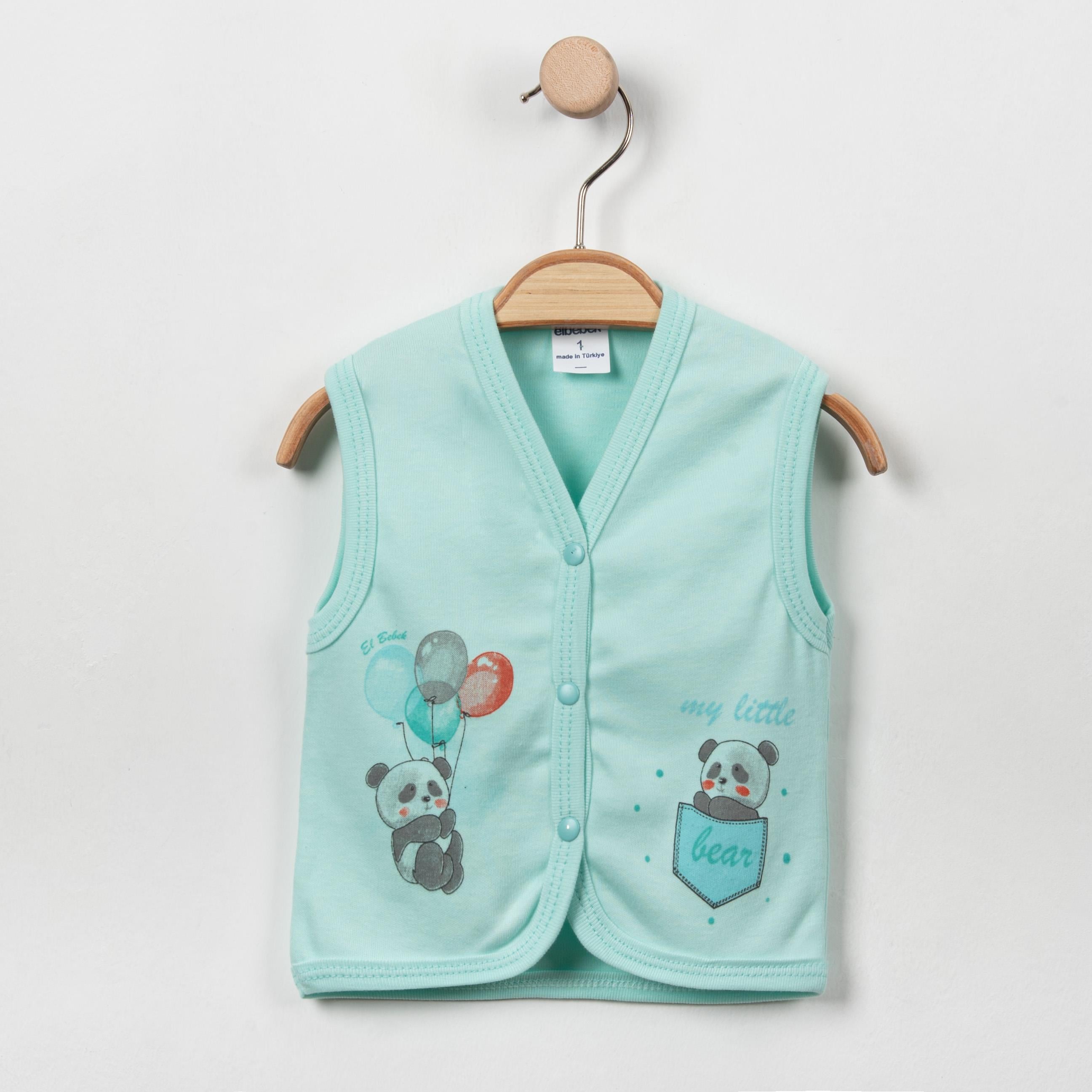 Balonlu Panda Temalı Çıtçıtlı Bebek Penye Yelek