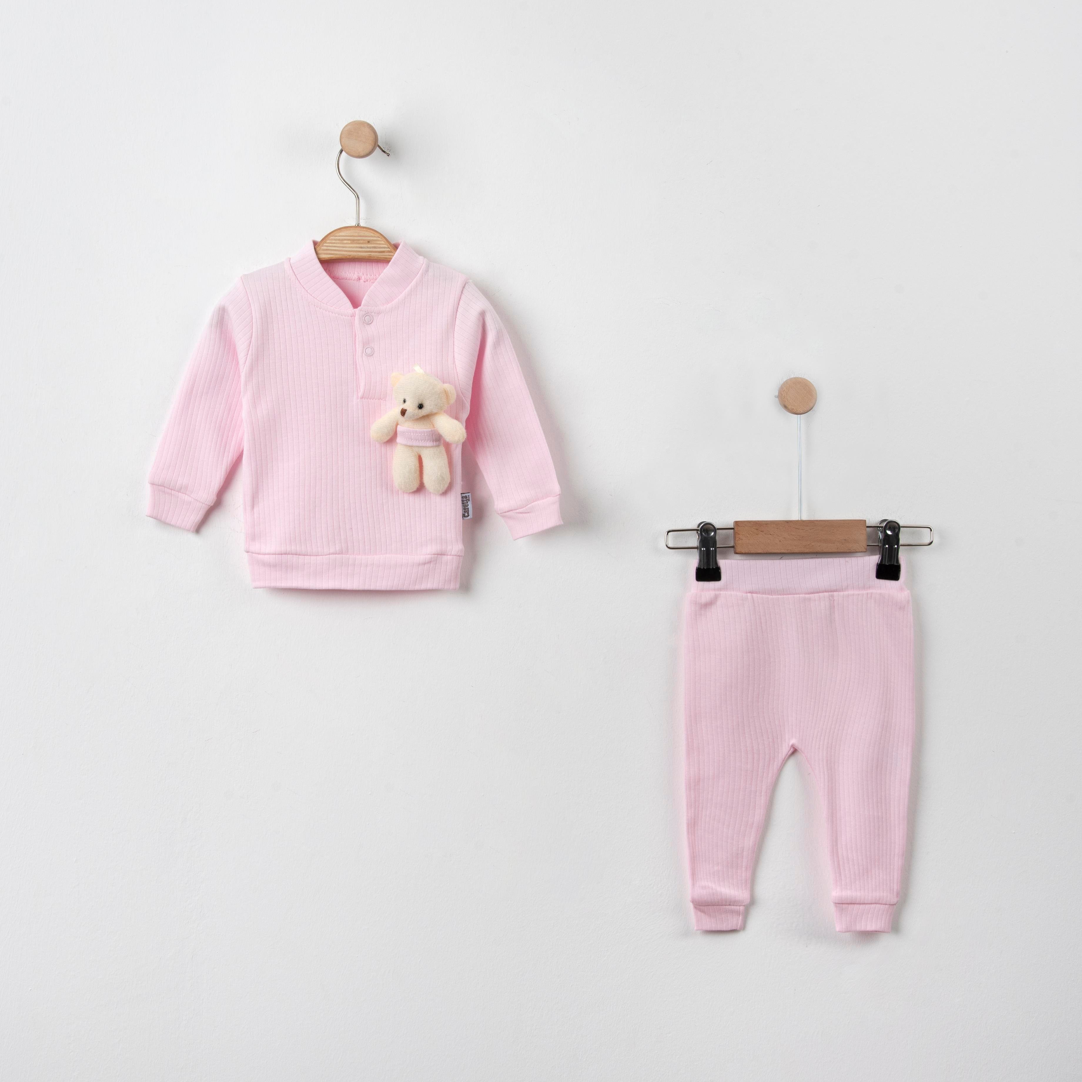 Bebek Ayıcık Maskotlu Düğmeli Yaka Detaylı İkili Takım