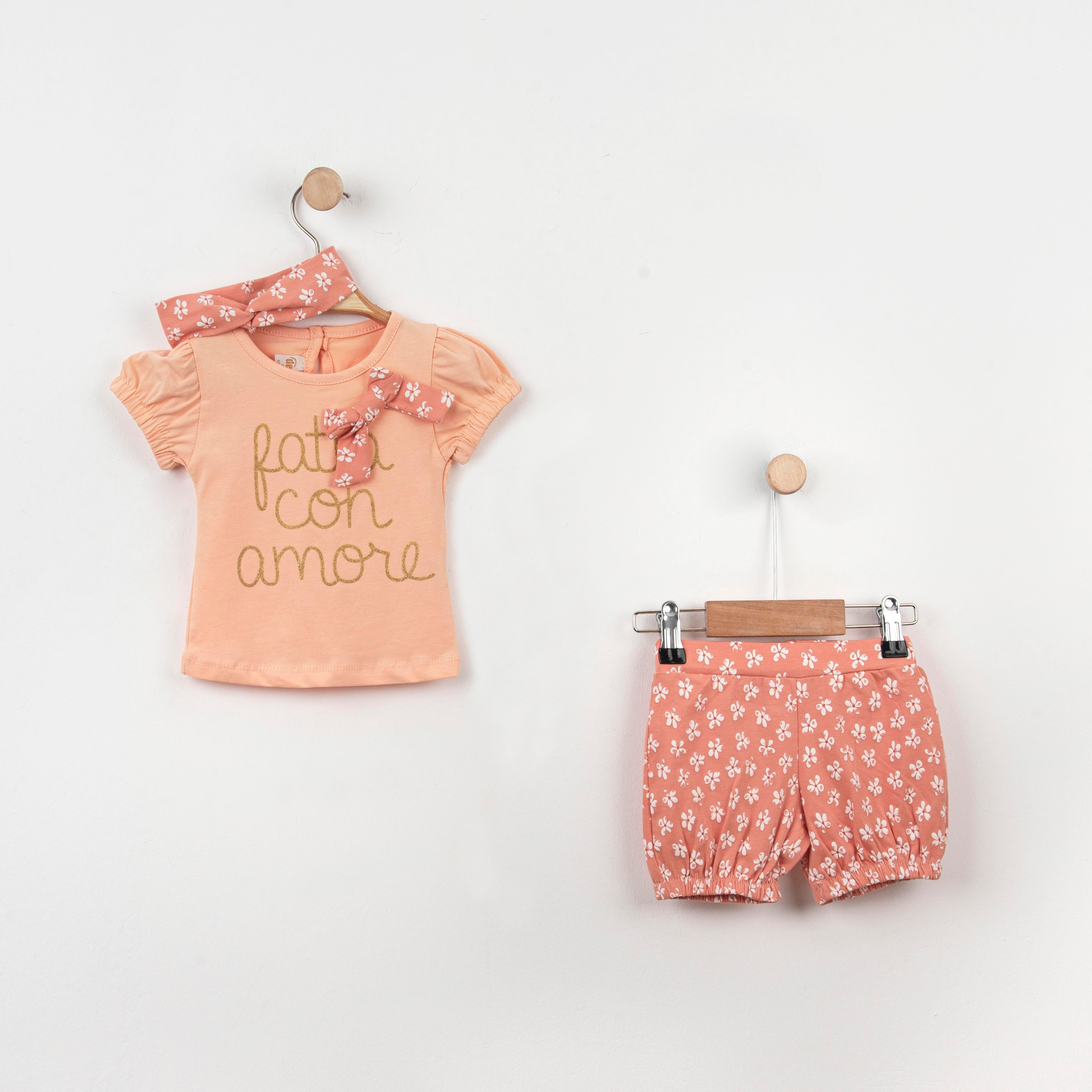 Bebek Çiçekli Kurdela Ve Bandanalı Şortlu Takım