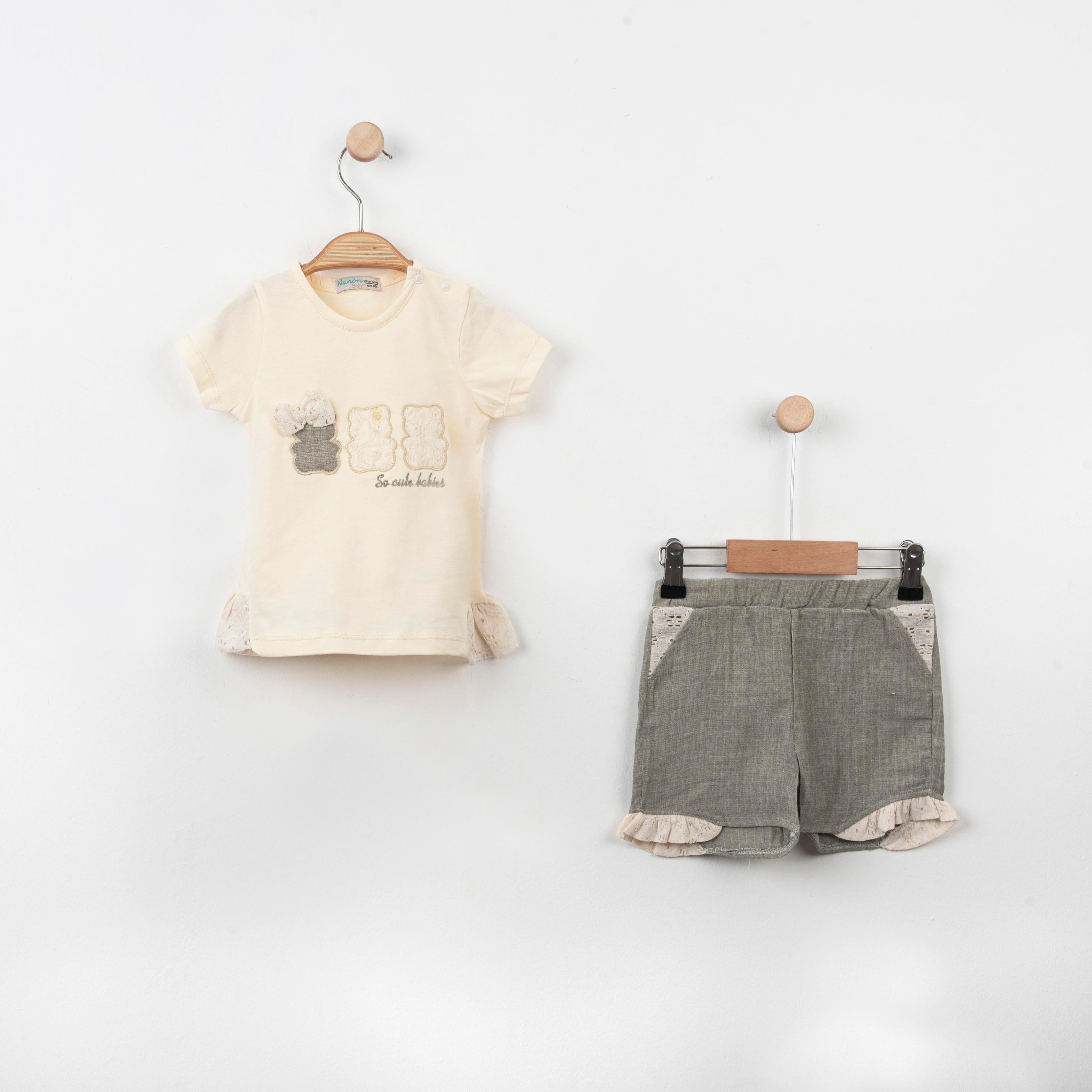 Bebek Dantel Güpür Detaylı Tshirt Şort İkili Takım