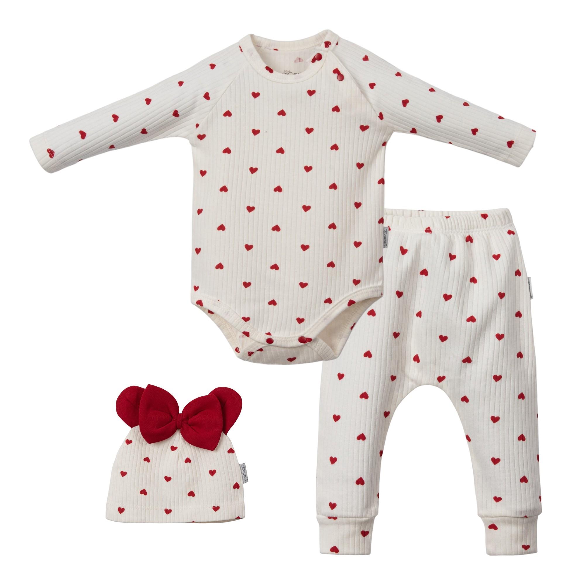 Bebek Kalp Desenli Yakası Çıtçıtlı Badili Üçlü Takım