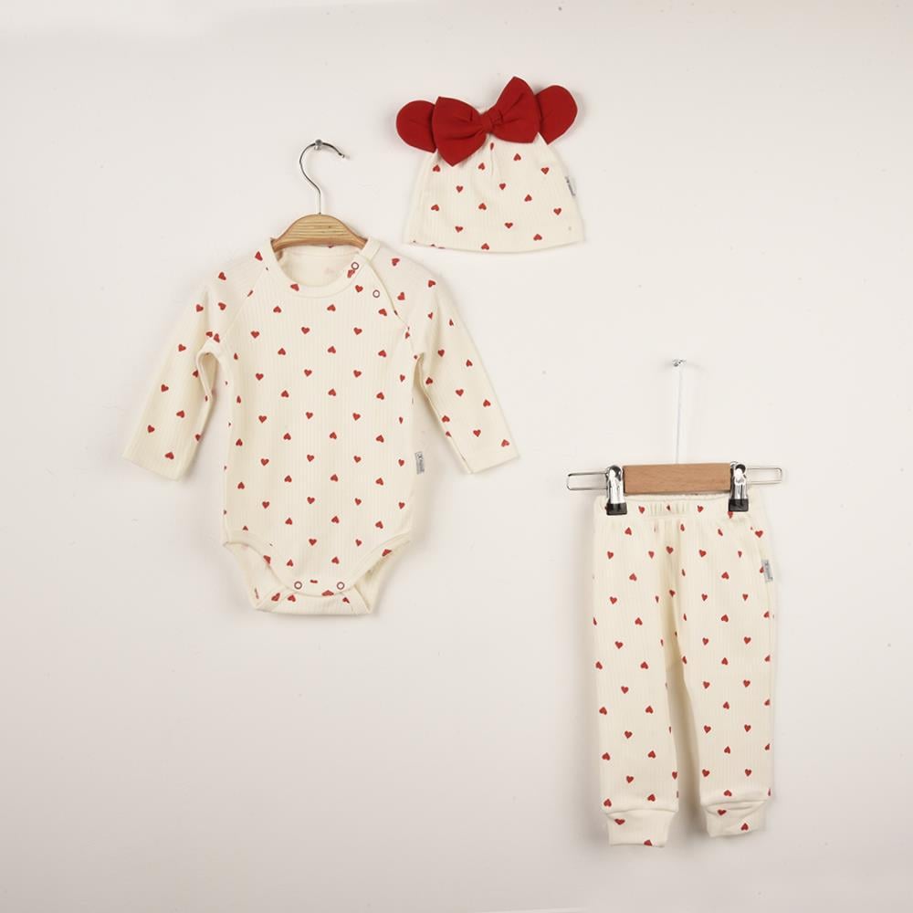 Bebek Kalp Desenli Yakası Çıtçıtlı Badili Üçlü Takım