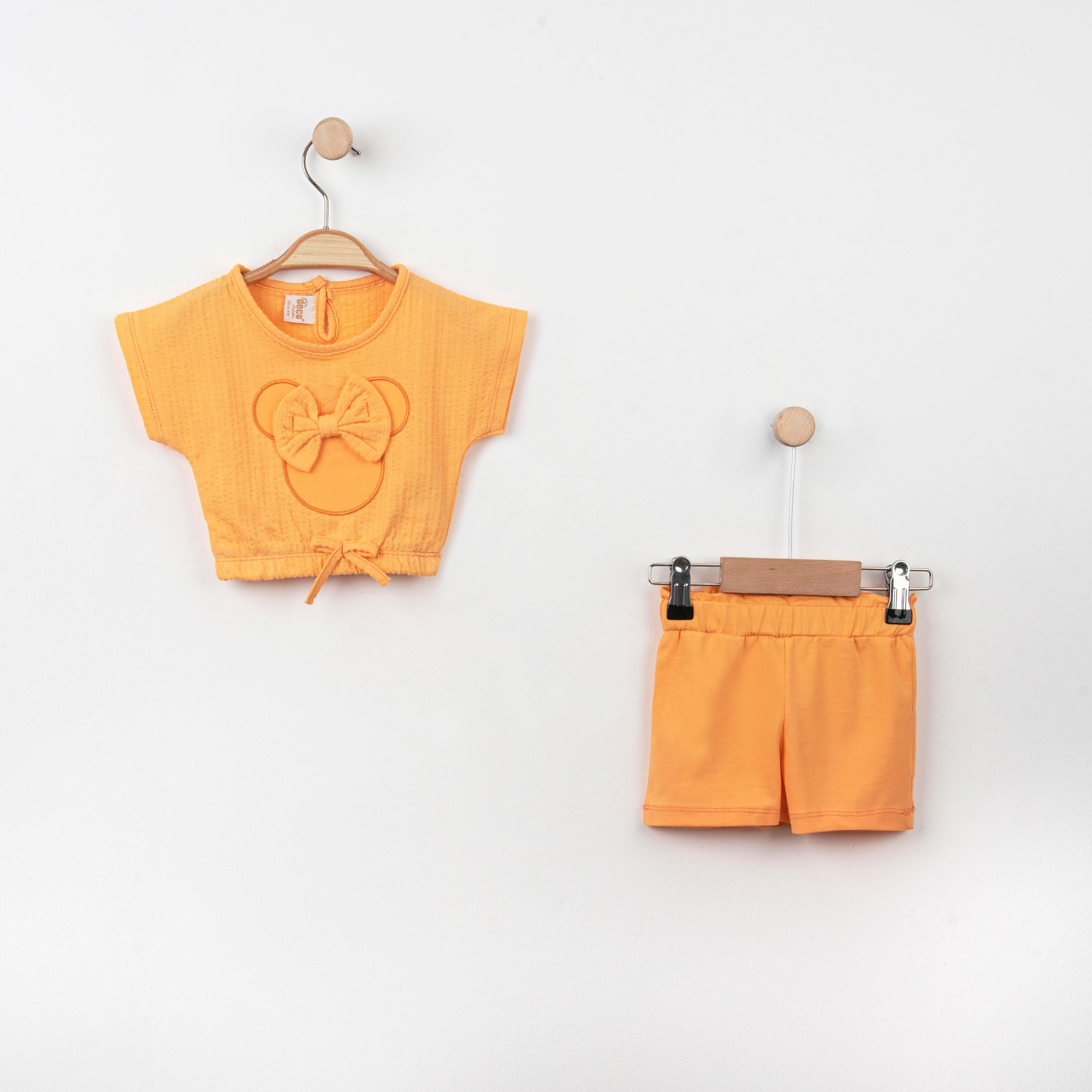Bebek Kurdela Detaylı Beli Büzgülü Tshirt Şort İkili Takım