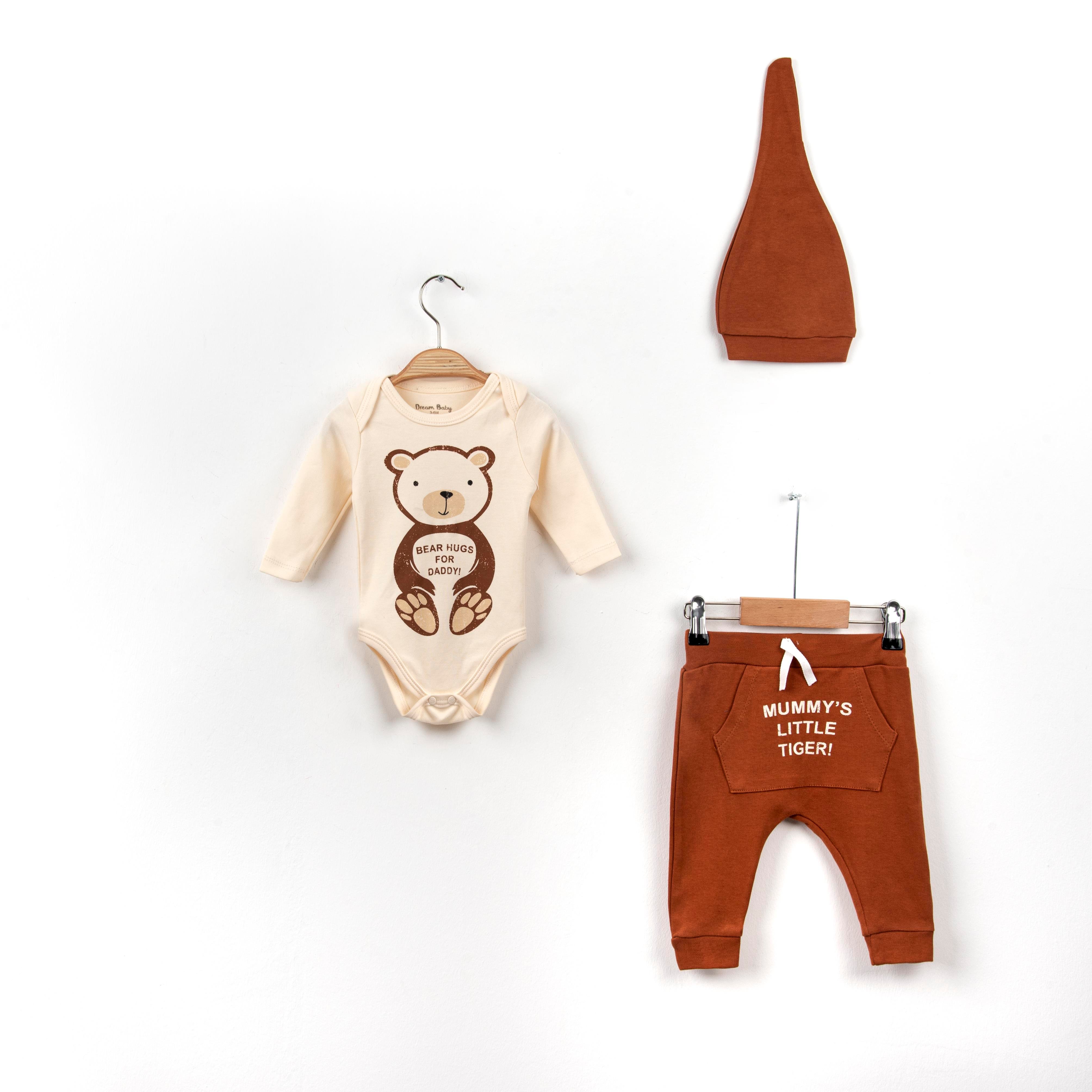 Bebek Oturan Ayıcık Figürlü Şapkalı Üçlü Takım