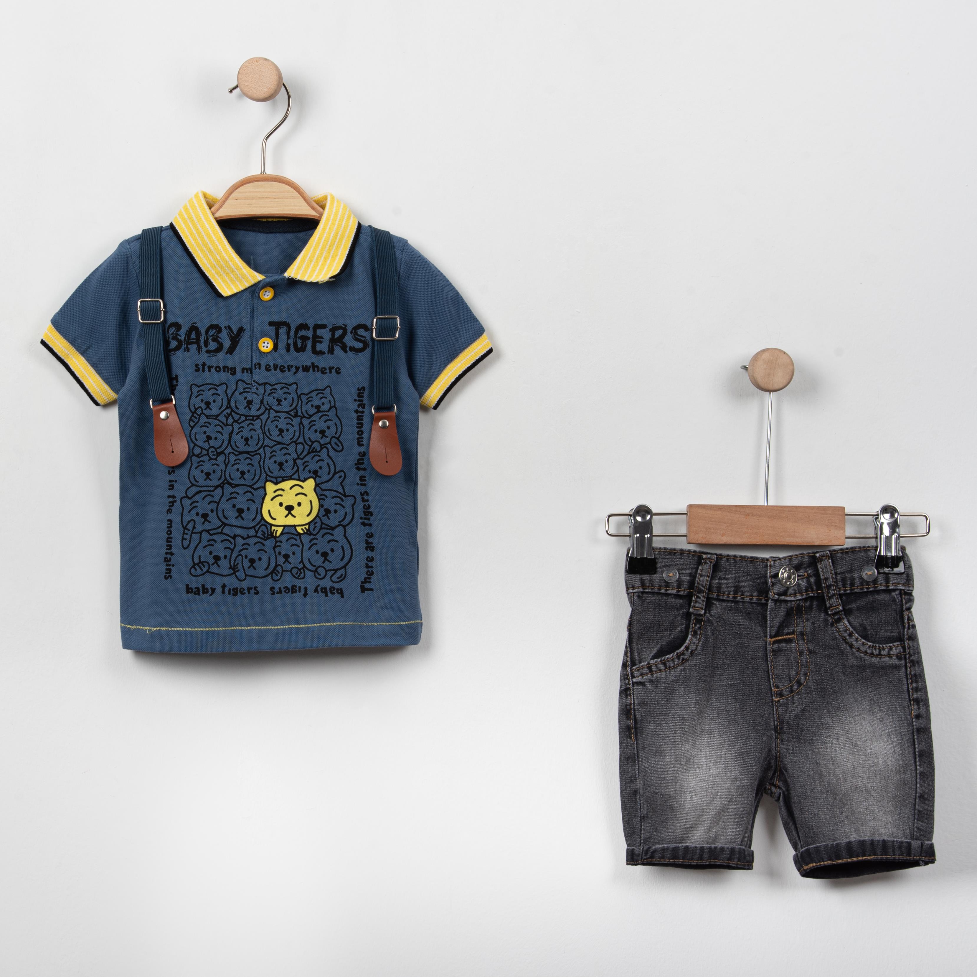 Bebek Polo Yaka Tshirtlü Askılı Şortlu İkili Takım
