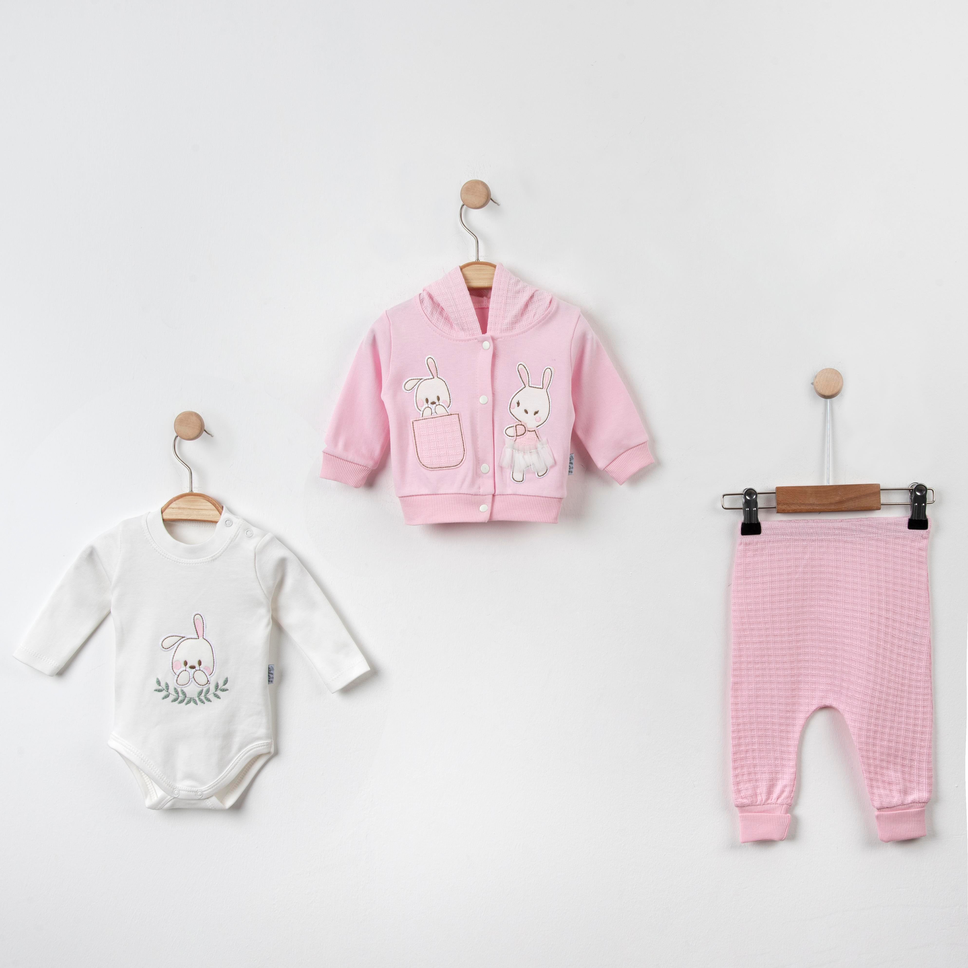 Bebek Tavşan Figürlü Kapüşonlu Hırkalı Üçlü Takım