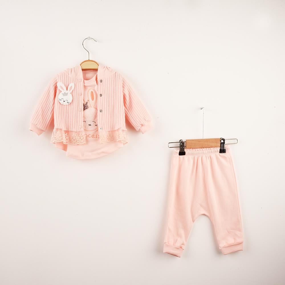 Bebek Tavşan Oyuncaklı Dantel Güpürlü Hırkalı Üçlü Takım