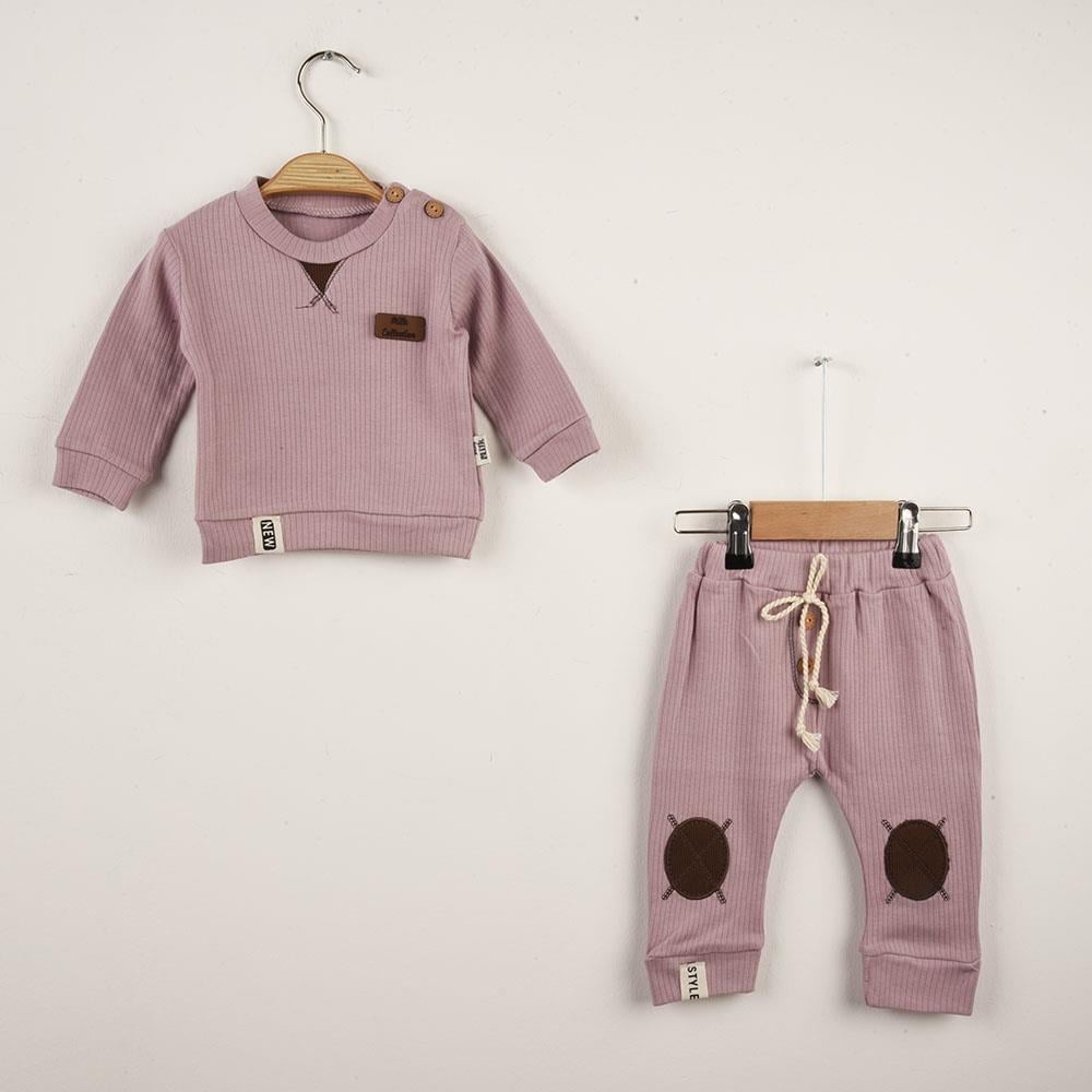 Bebek Yama Detaylı Yakası Düğmeli Fitilli İkili Takım