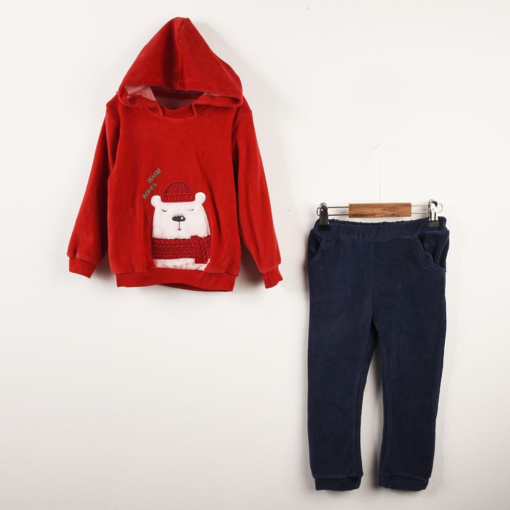 Necix's Bebek Yeni Yıl Atkılı Ayıcık Temalı Kadife Kapüşonlu Eşofman Takımı