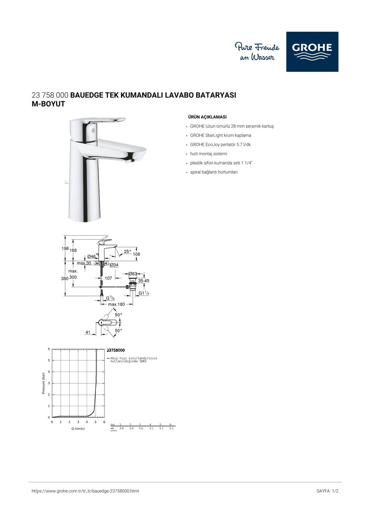 Grohe BauEdge Tek Kumandalı Lavabo Bataryası M-Boyut Krom