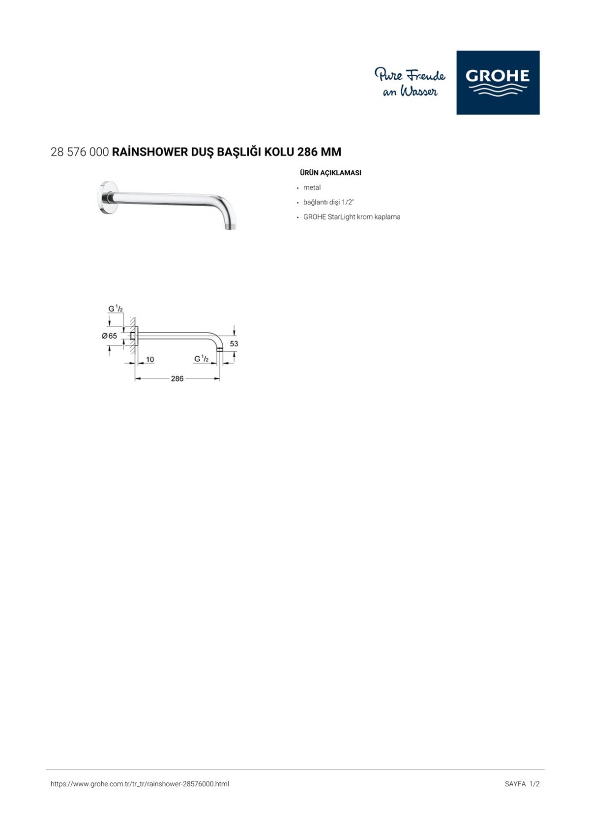Grohe Rainshower Duş Başlığı Kolu 286 mm Krom