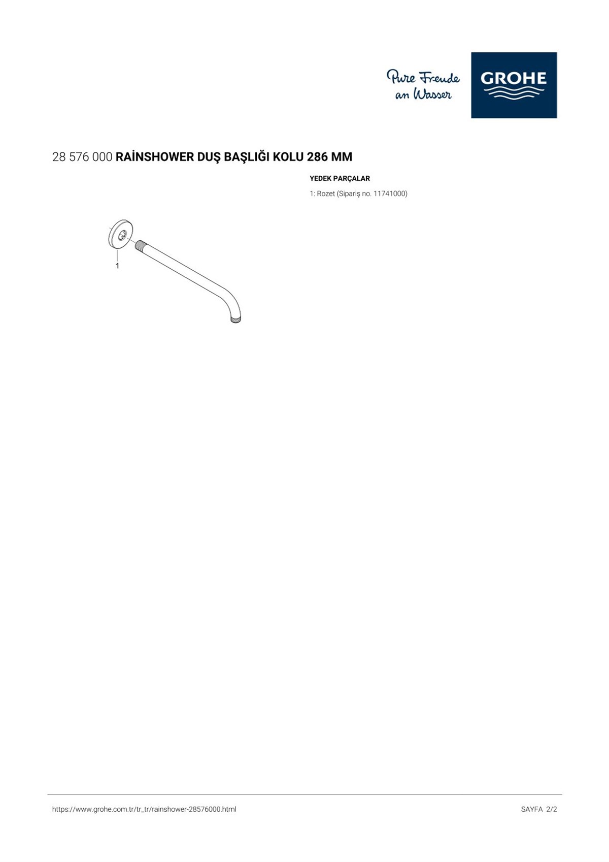 Grohe Rainshower Duş Başlığı Kolu 286 mm Krom