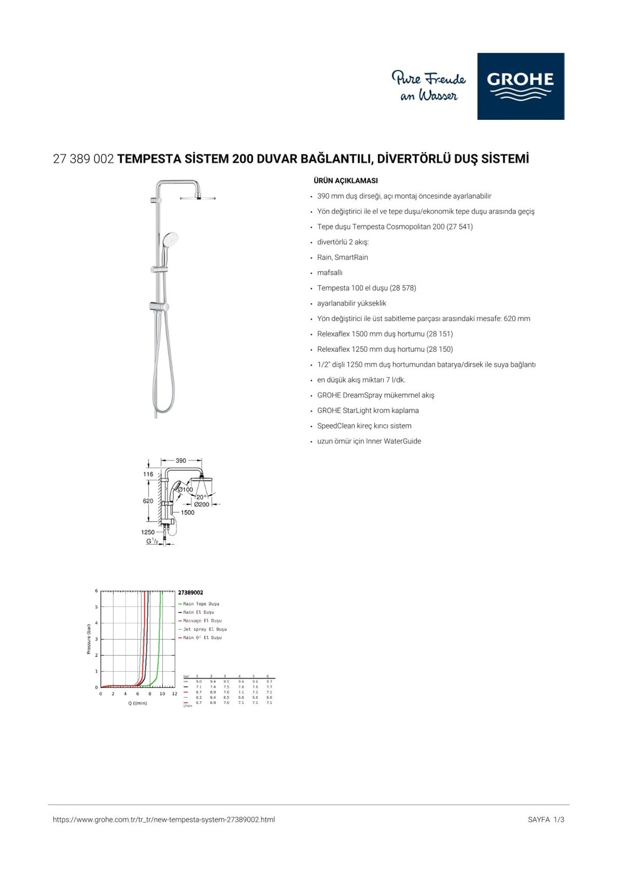 Grohe Tempesta Sistem 200 Duvar Bağlantılı Divertörlü Duş Sistemi Krom
