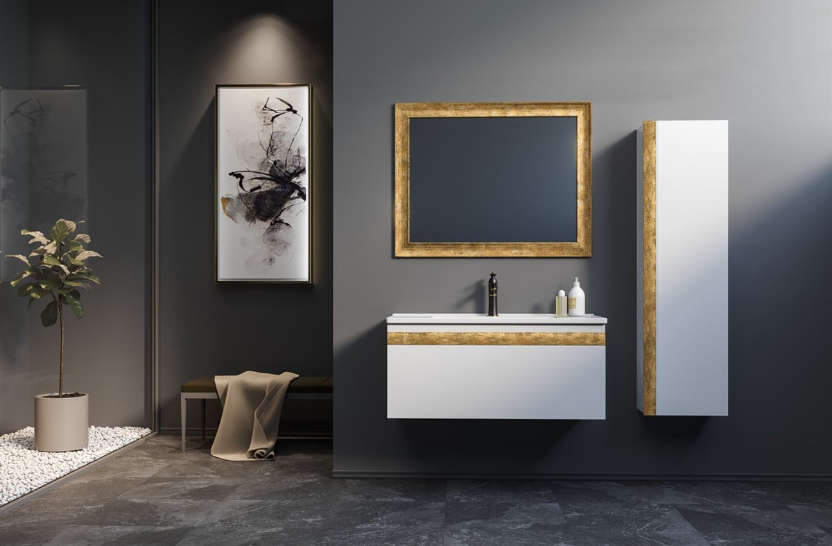 Orka Boston White-Gold 100 cm Banyo Dolabı