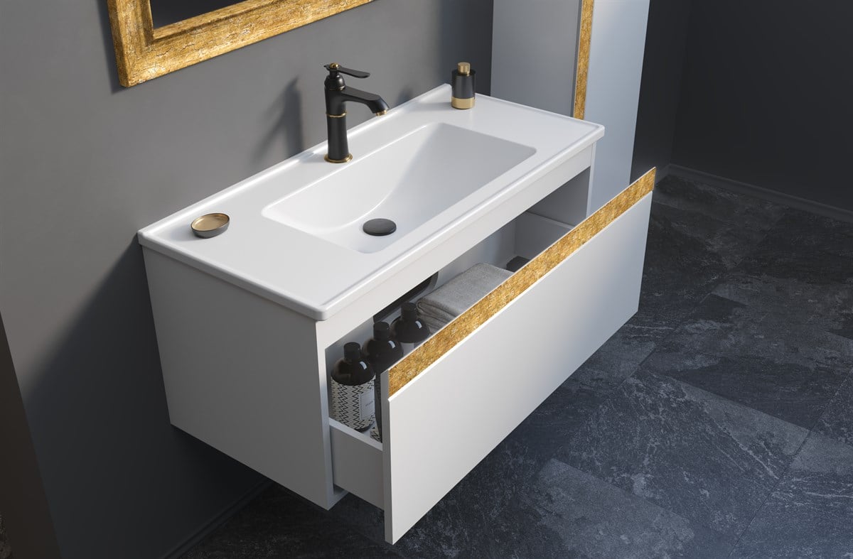 Orka Boston White-Gold 100 cm Banyo Dolabı
