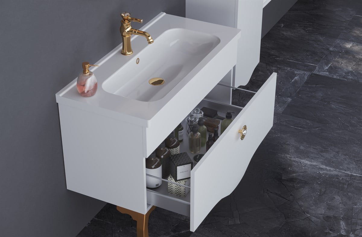 Orka Cunda White-Gold 100 cm Banyo Dolabı